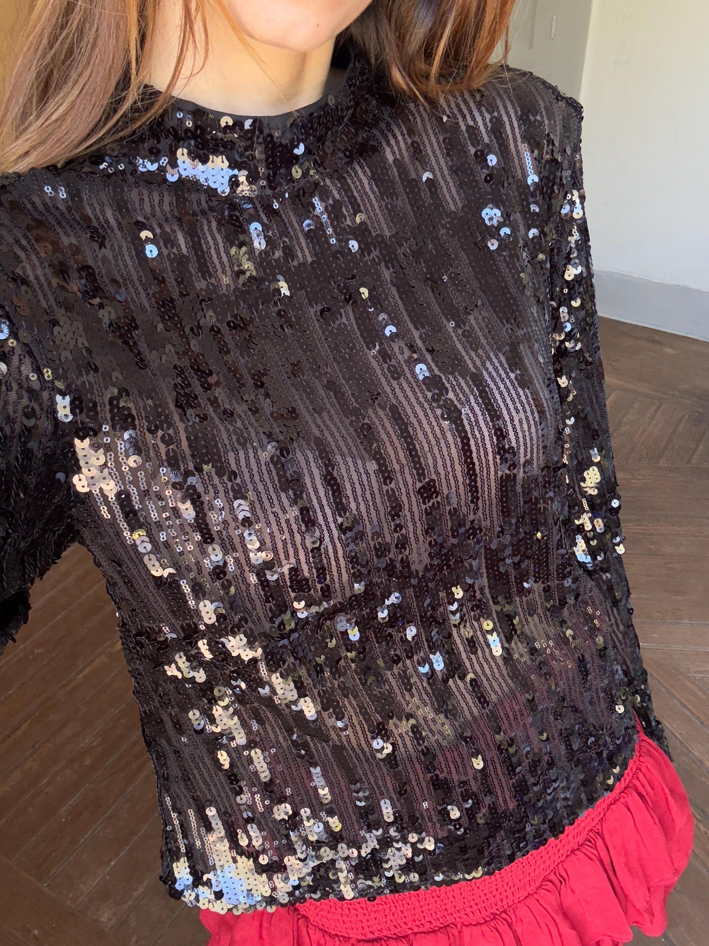 Vintage Black Sequin Top, Mock Neck Long Sleeve Party Shirt, 100% Polyester Glitter Blouse, Festive Holiday Outfit, Y2K Glam Fashion