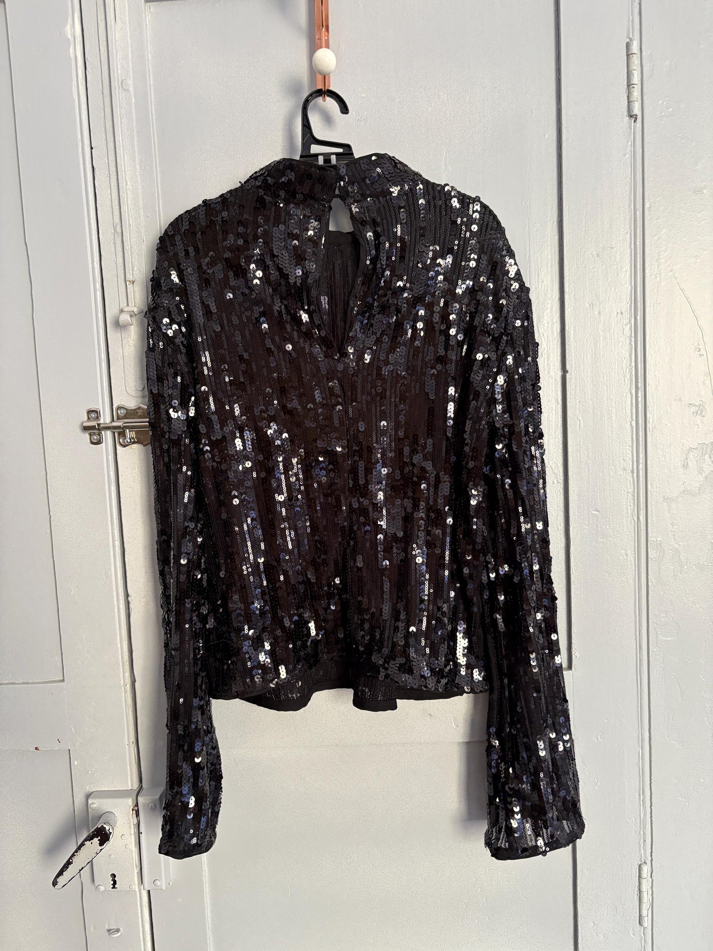 Vintage Black Sequin Top, Mock Neck Long Sleeve Party Shirt, Glitter Blouse, Festive Holiday Outfit, Y2K Glam Fashion, Size S