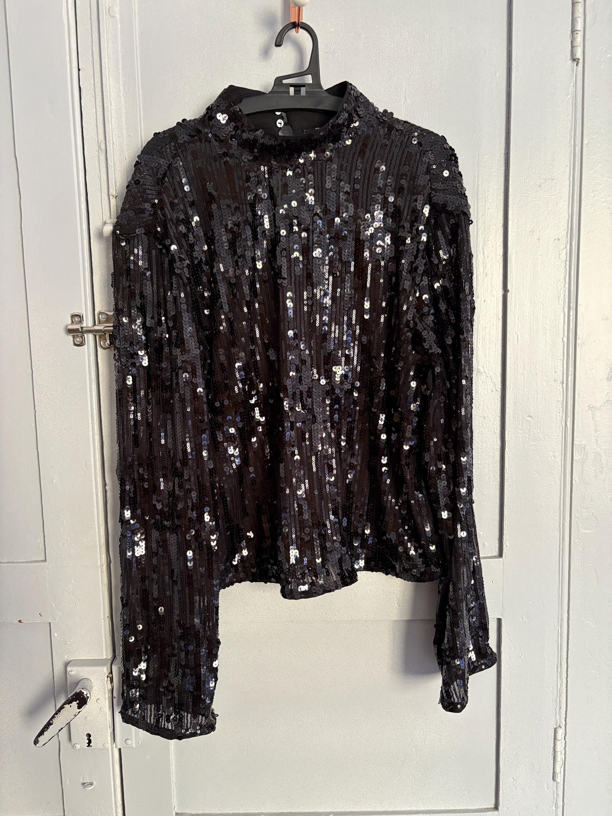 Vintage Black Sequin Top, Mock Neck Long Sleeve Party Shirt, Glitter Blouse, Festive Holiday Outfit, Y2K Glam Fashion, Size S