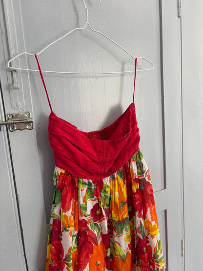 Vintage Red Floral Strapless Dress, 80s Summer Midi