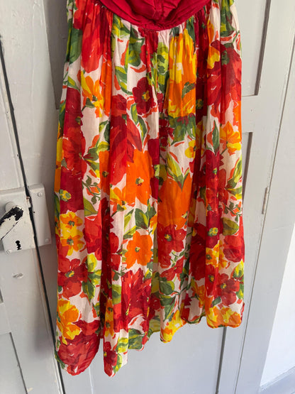 Vintage Red Floral Strapless Dress, 80s Summer Midi