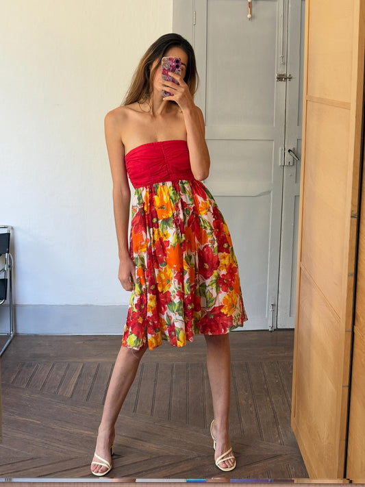 Vintage Colourful summer dress, Strapless red floral midi dress, Flower print housewife dress, Retro 80s woman dress