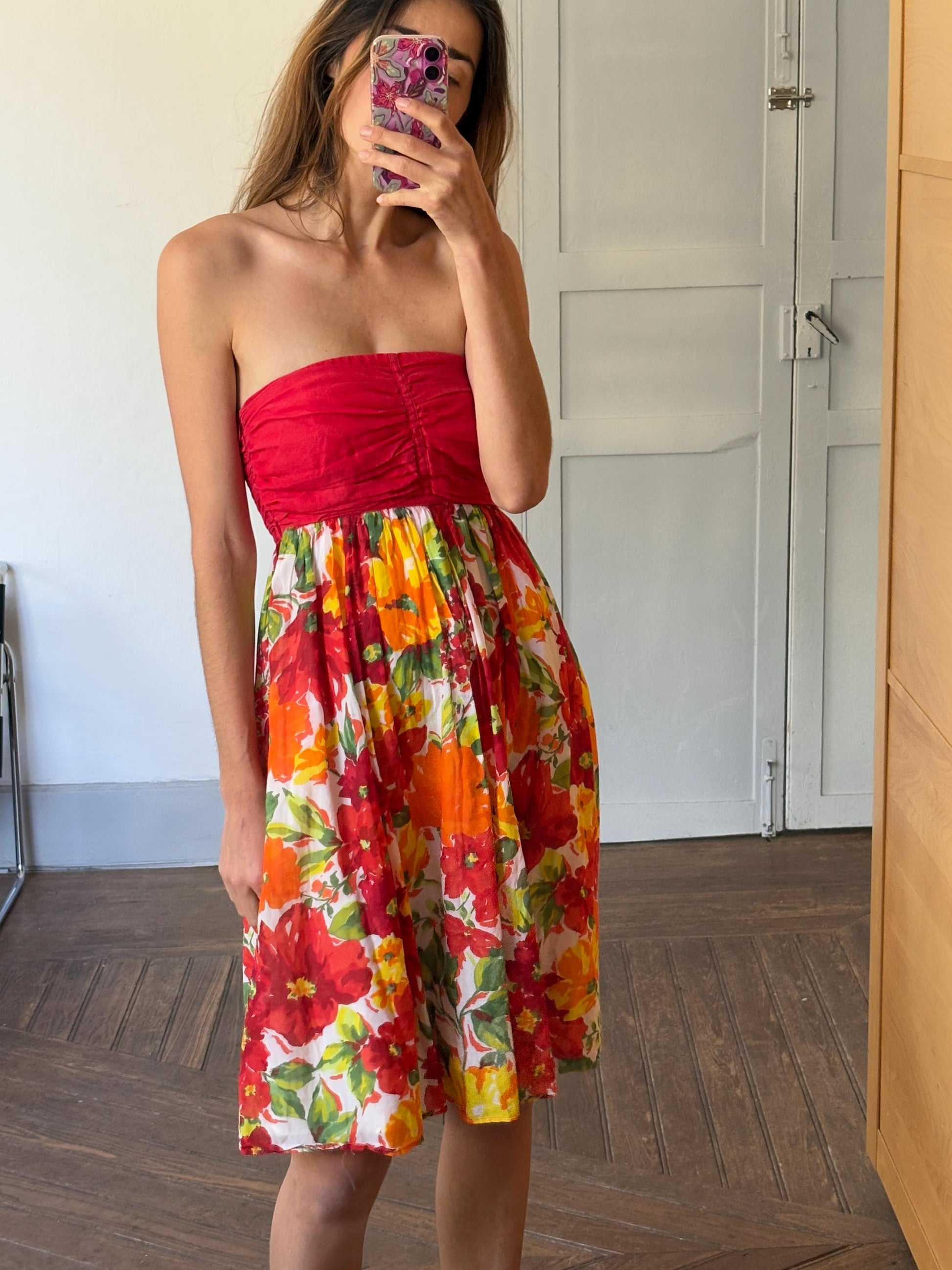 Vintage Colourful summer dress, Strapless red floral midi dress, Flower print housewife dress, Retro 80s woman dress