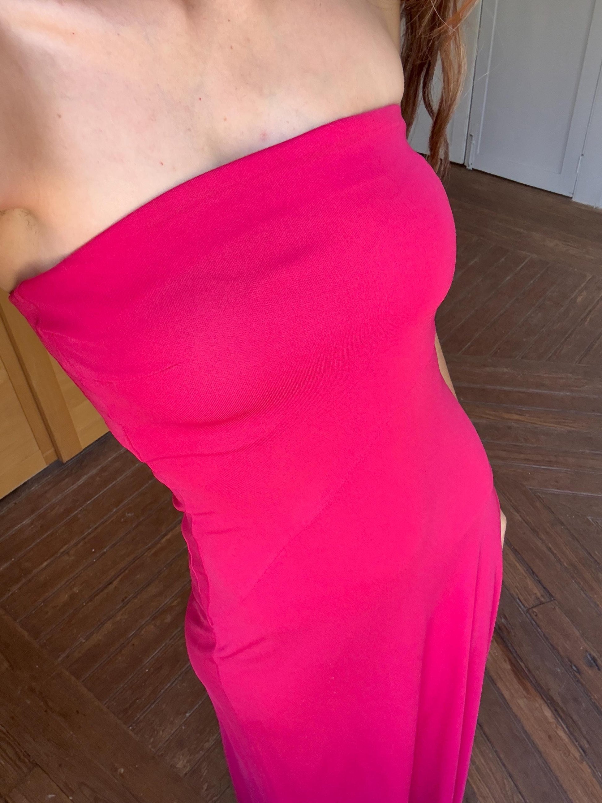 Sexy Vintage dark pink strapless evening dress, Bandeau long pink wedding guest dress, Retro 2000s bubblegum maxi dress, Size XS - S