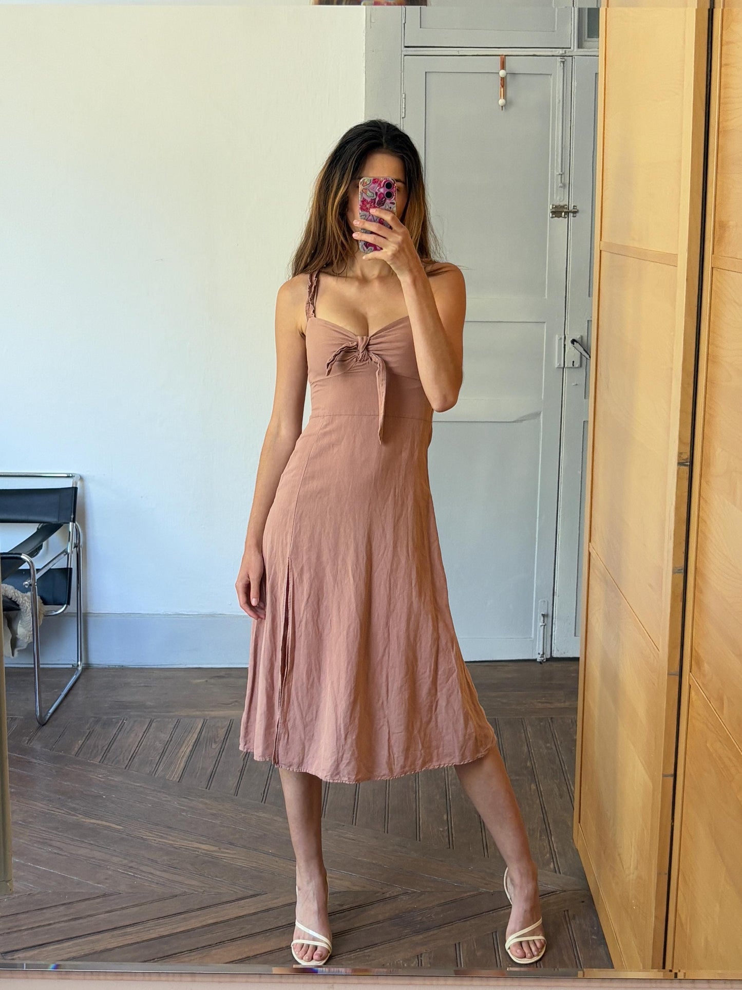 Vintage dusty pink linen summer dress – XS to S fit, sweetheart neckline, midi length with side slit, cottacore midi dress