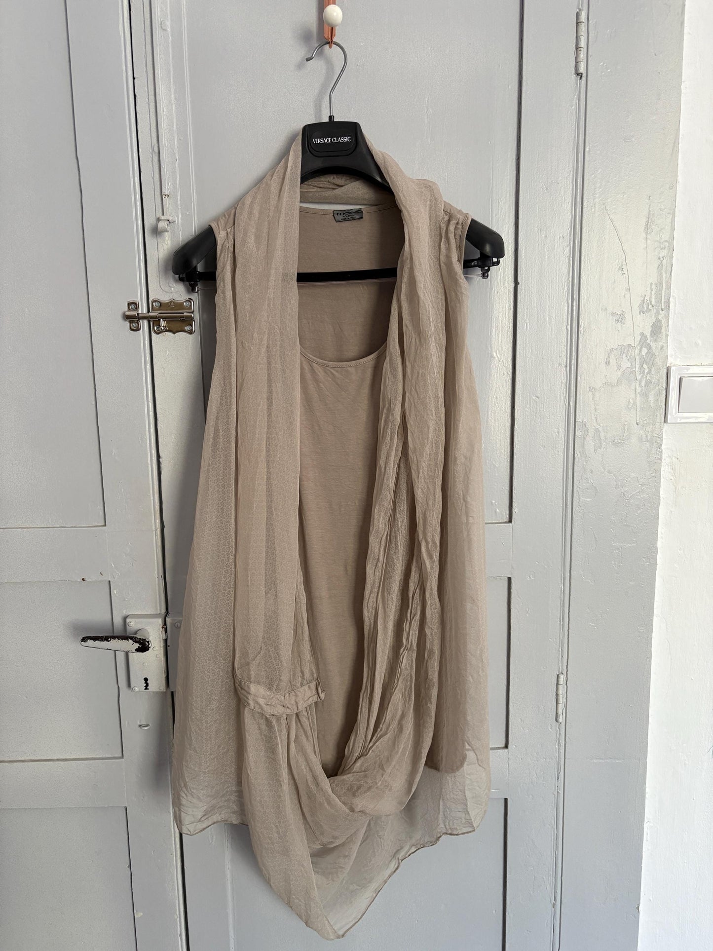 Vintage 100 % silk Light Grey Mini Dress | Soft Elastic Minimalist Style, Basic futuristic wrap around sleeveless summer dress, Size S