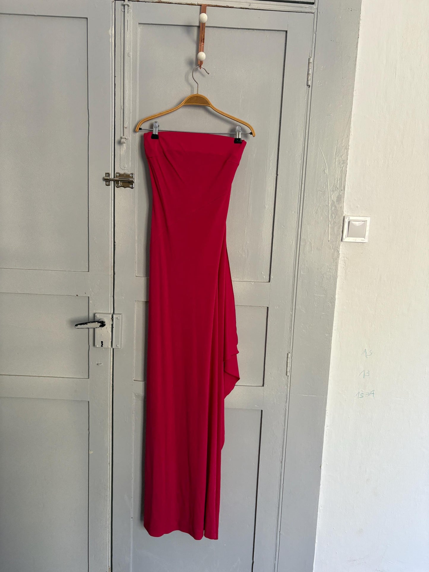Sexy Vintage dark pink strapless evening dress, Bandeau long pink wedding guest dress, Retro 2000s bubblegum maxi dress, Size XS - S