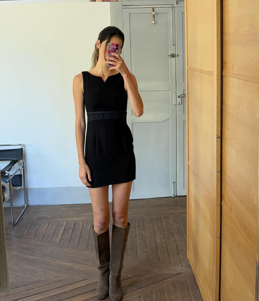 Vintage luxury designer black formal mini dress, Elegant El Corte Ingles short dress, Made in England, Size XS