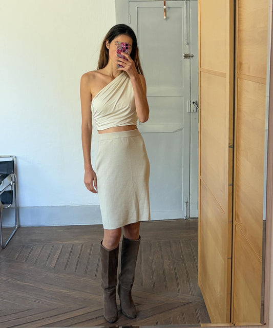 Luxury white merino wool blend knit skirt, Fine knit winter skirt, Bohemian 70s preppy and minimalist Aesthetic, M