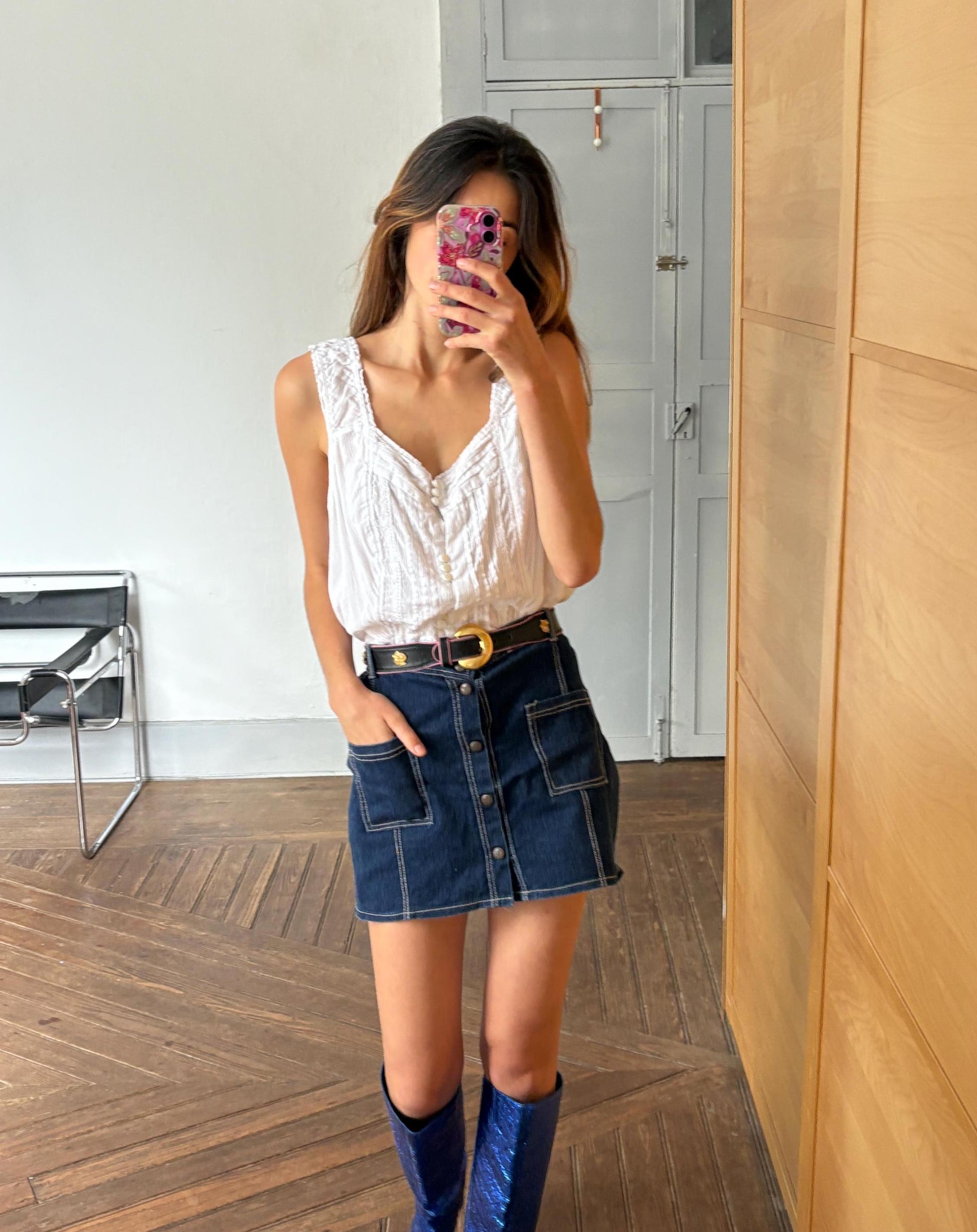 Vintage 90s Y2K Dark Blue Denim Mini Skirt – Front Pockets – High Waist – Indie Sleaze Streetwear, Size M - L