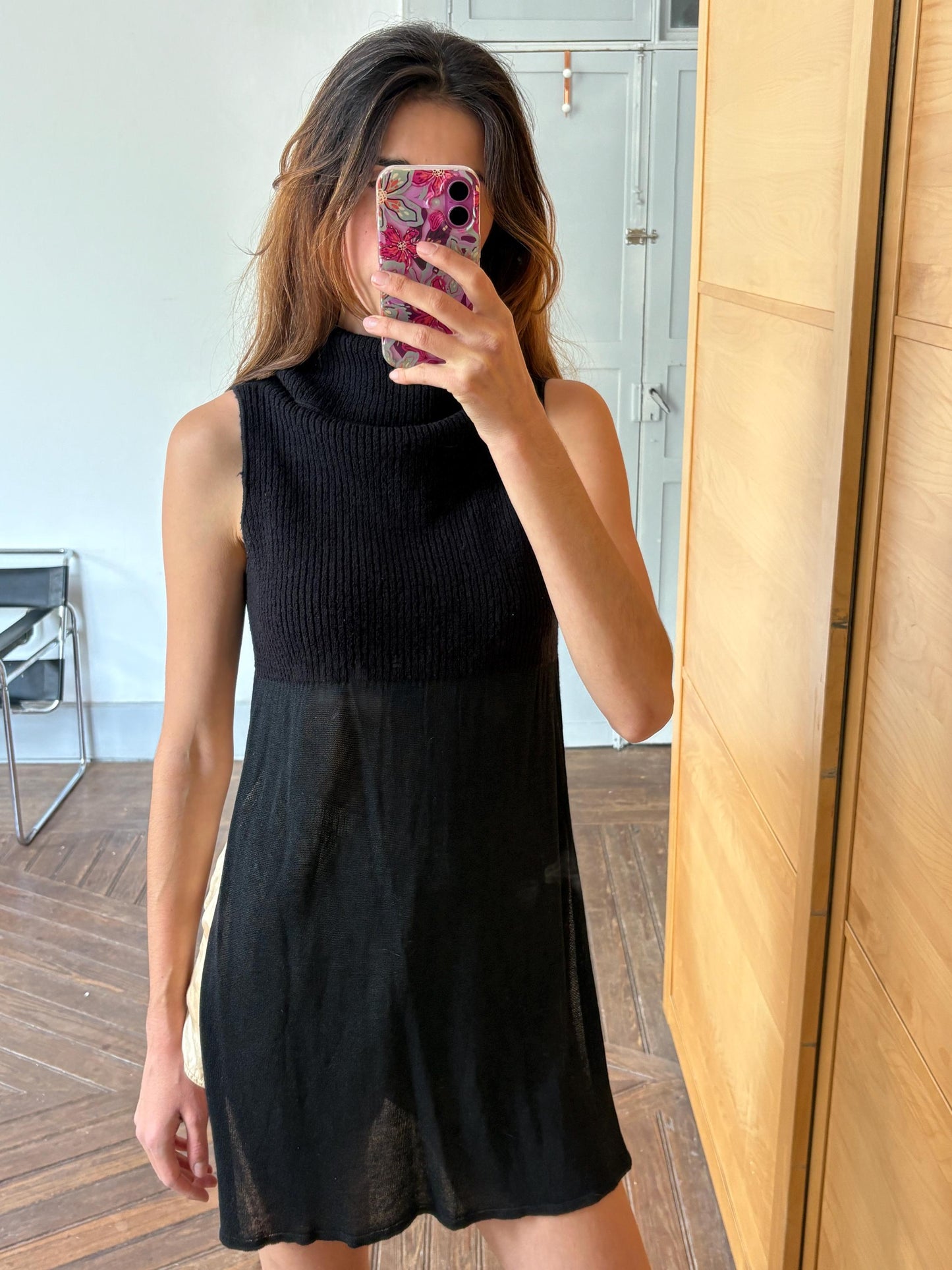 Vintage Black Sarah Pacini Turtleneck Tunic Top – Minimalist High Neck Wool Blend – Layered Sheer Mini Dress Look