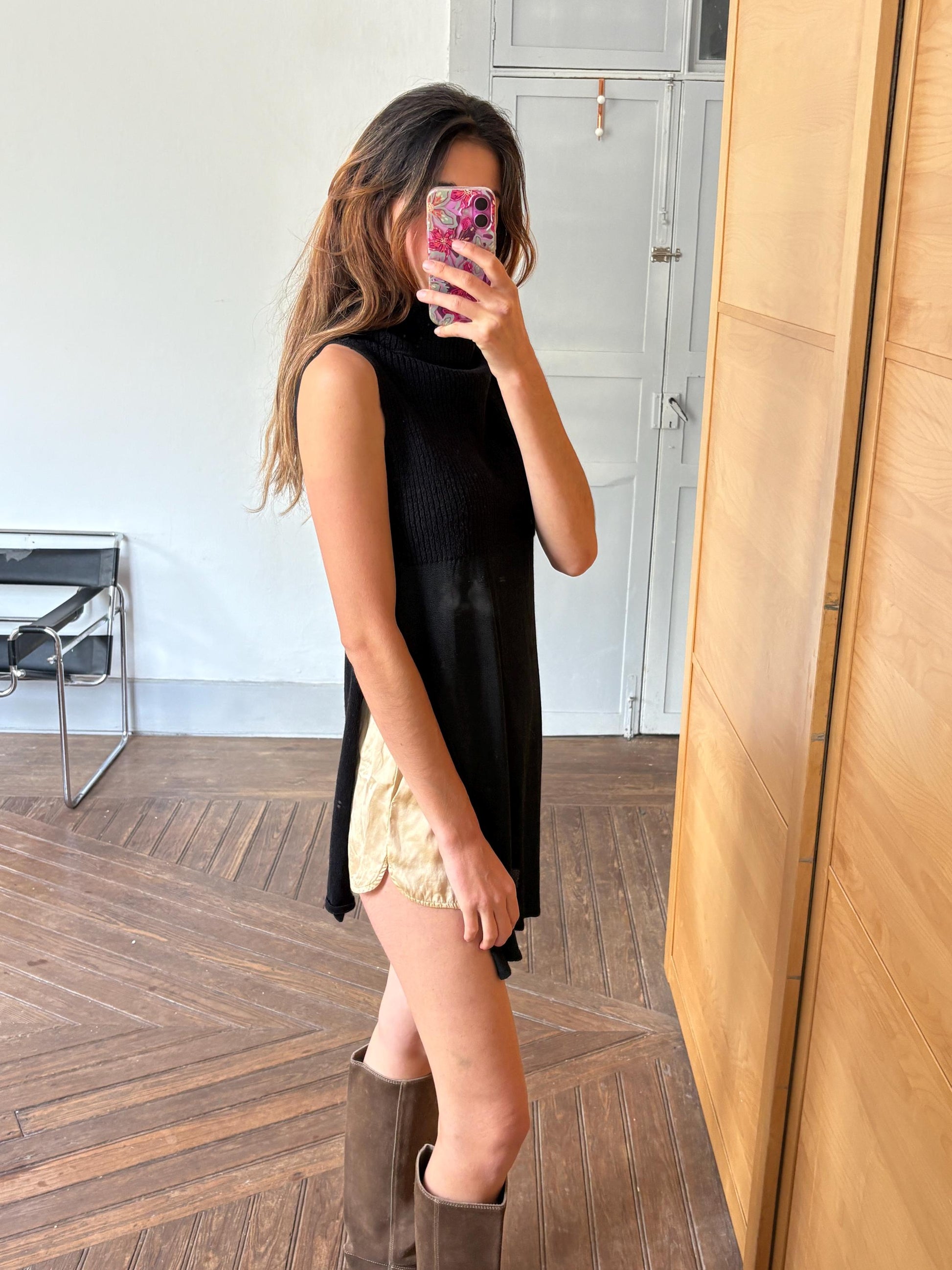 Vintage Black Sarah Pacini Turtleneck Tunic Top – Minimalist High Neck Wool Blend – Layered Sheer Mini Dress Look