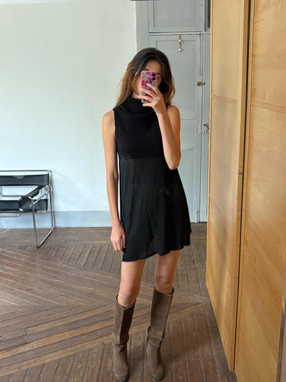 Black Wool Blend High Neck Tunic Top — fabric close-up