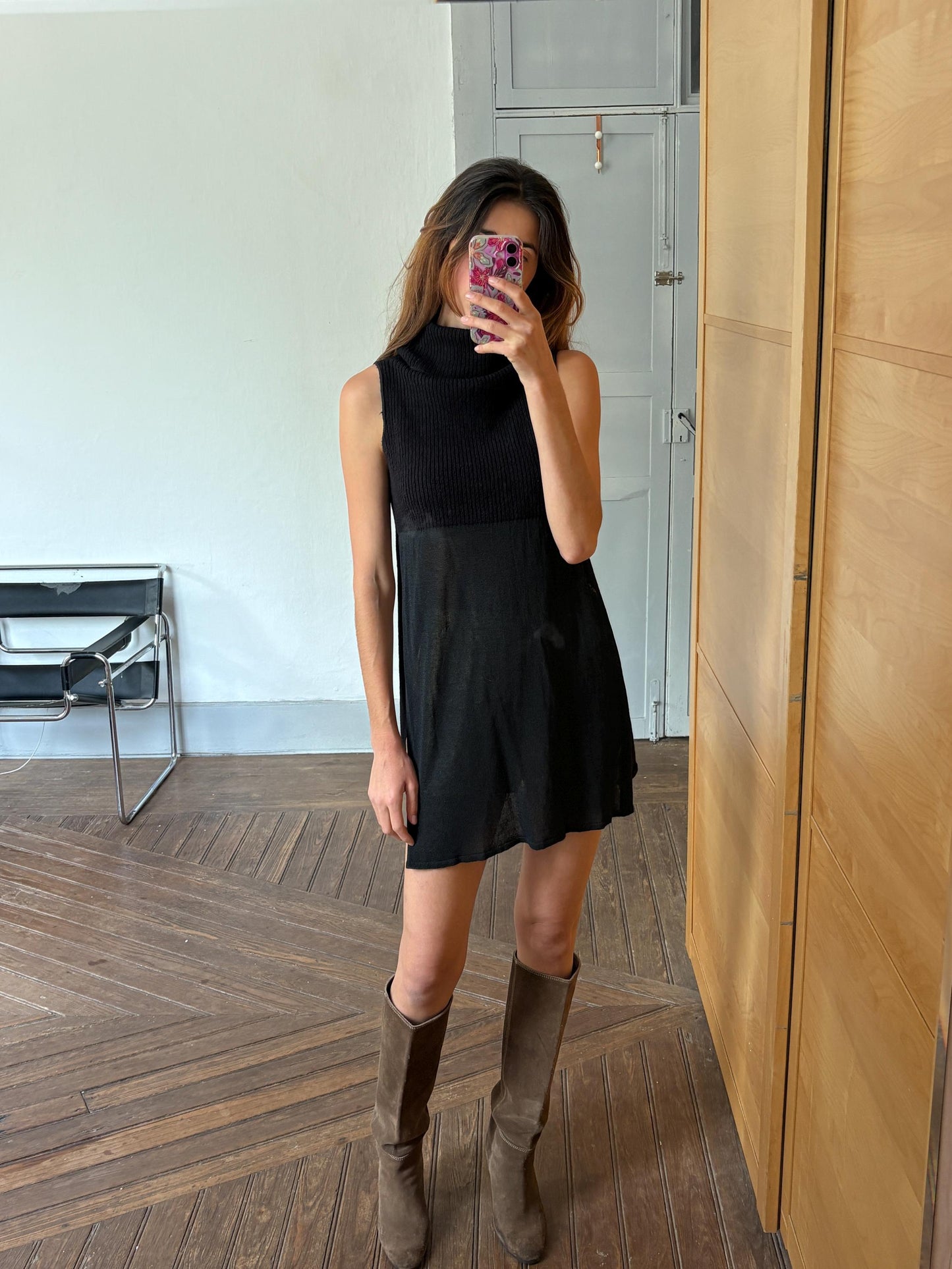 Vintage Black Sarah Pacini Turtleneck Tunic Top – Minimalist High Neck Wool Blend – Layered Sheer Mini Dress Look