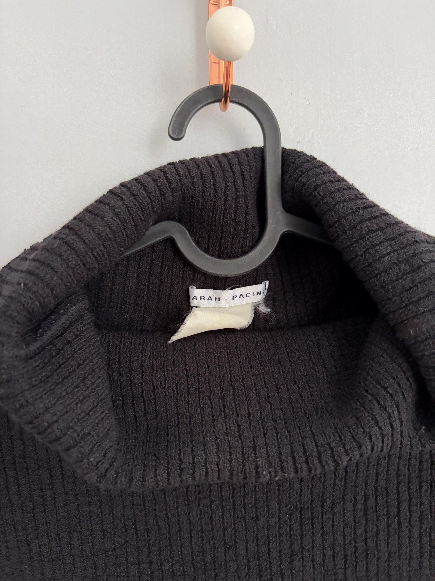 Vintage Black Sarah Pacini Turtleneck Tunic Top – Minimalist High Neck Wool Blend – Layered Sheer Mini Dress Look