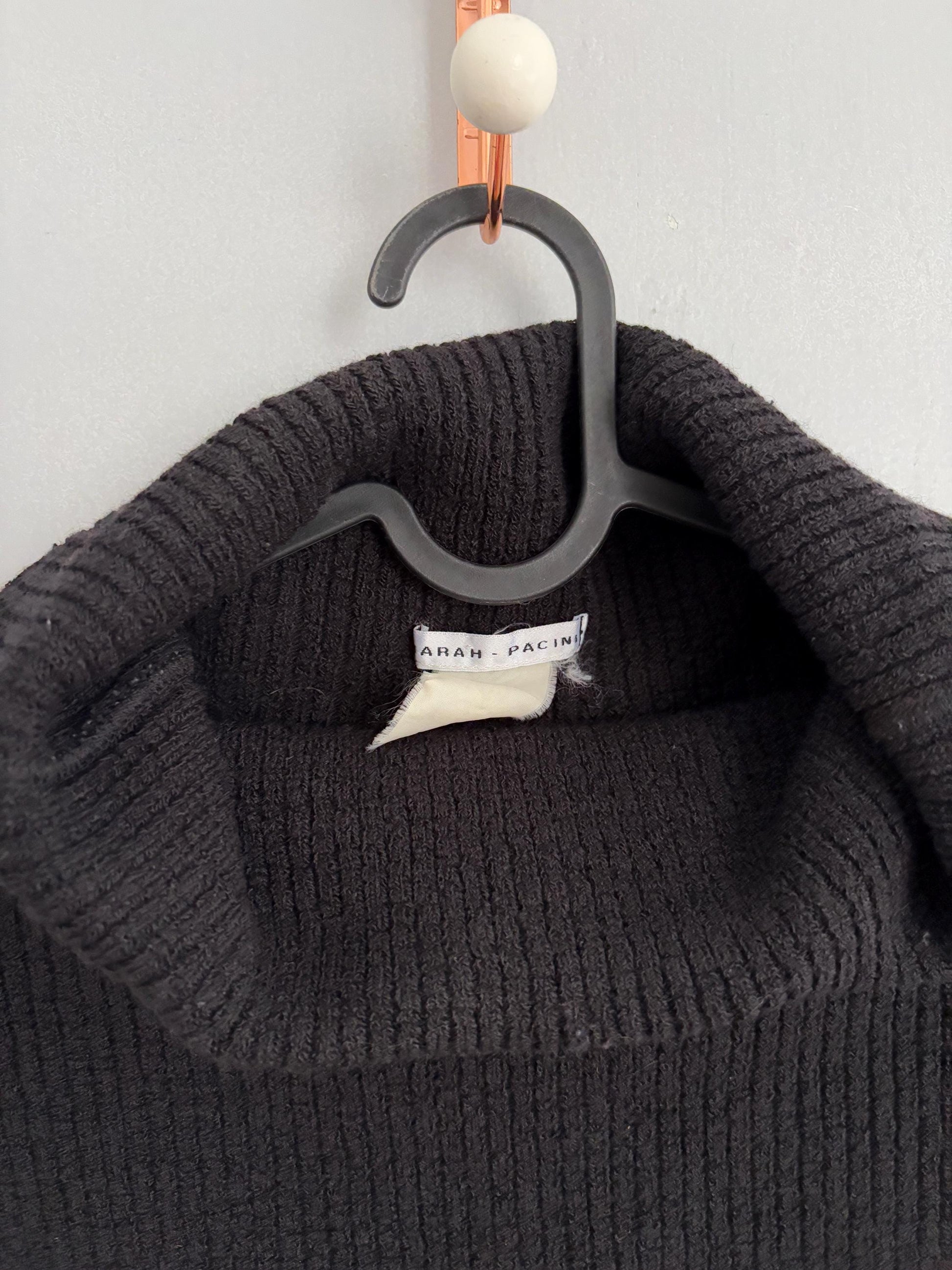 Vintage Black Sarah Pacini Turtleneck Tunic Top – Minimalist High Neck Wool Blend – Layered Sheer Mini Dress Look