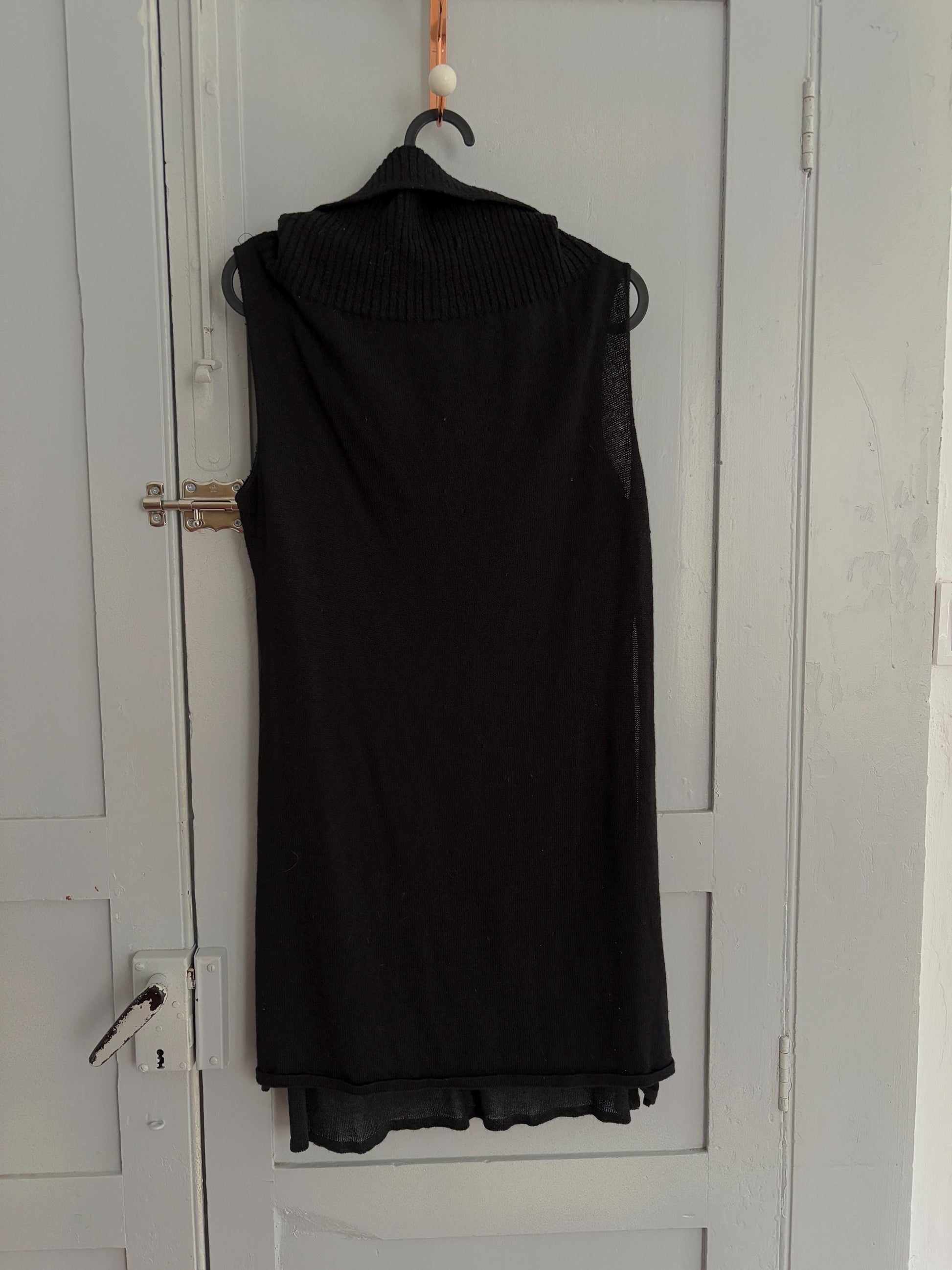 Vintage Black Sarah Pacini Turtleneck Tunic Top – Minimalist High Neck Wool Blend – Layered Sheer Mini Dress Look
