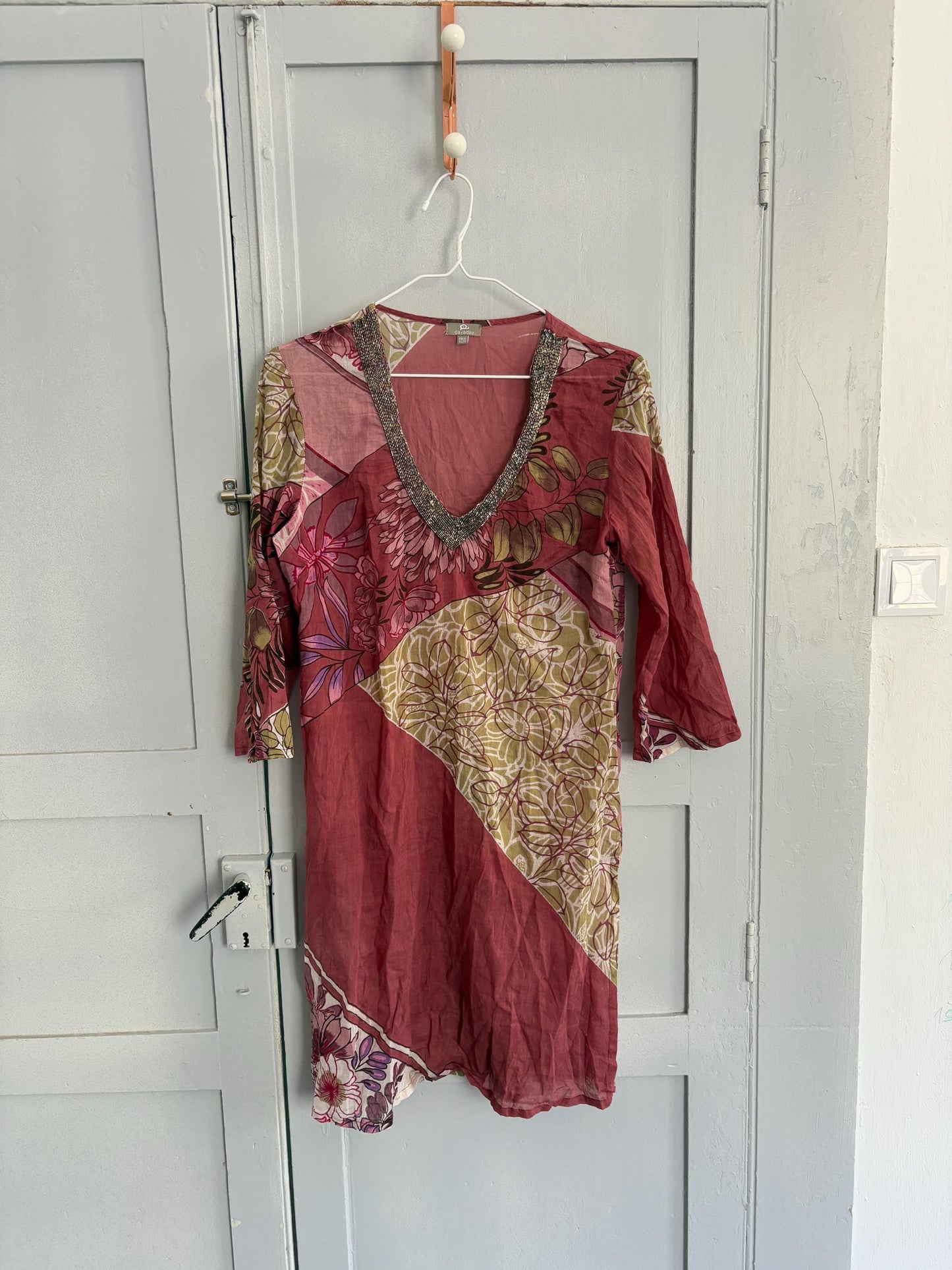 Vintage boho summer dress, Luxury V neck lightly sheer tunic, 100 % Cotton Pareo beach layer, Bead enriched Floral dress