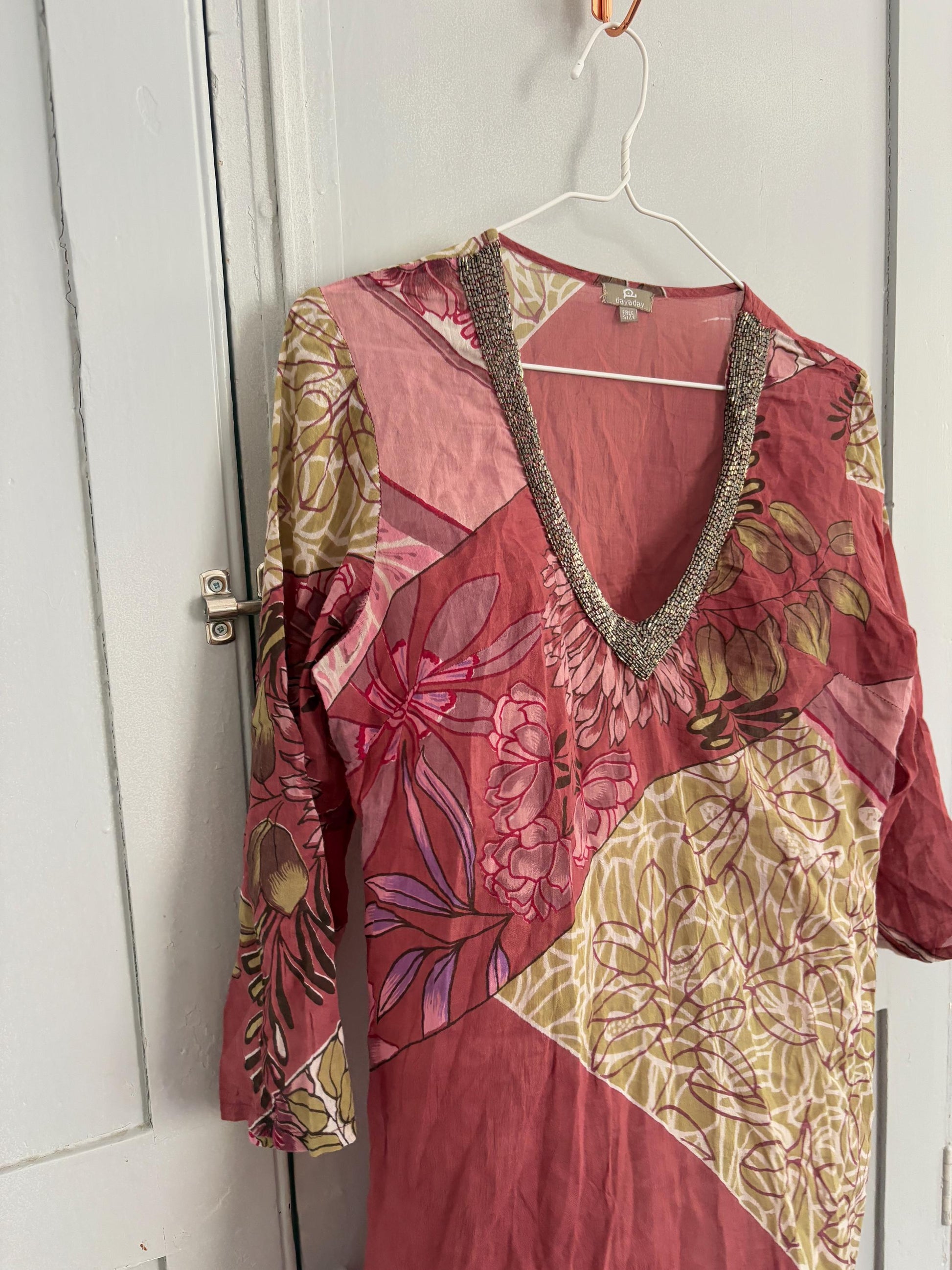 Vintage boho summer dress, Luxury V neck lightly sheer tunic, 100 % Cotton Pareo beach layer, Bead enriched Floral dress