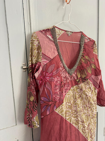 Vintage boho summer dress, Luxury V neck sheer tunic, Cotton Bead enriched Floral dress