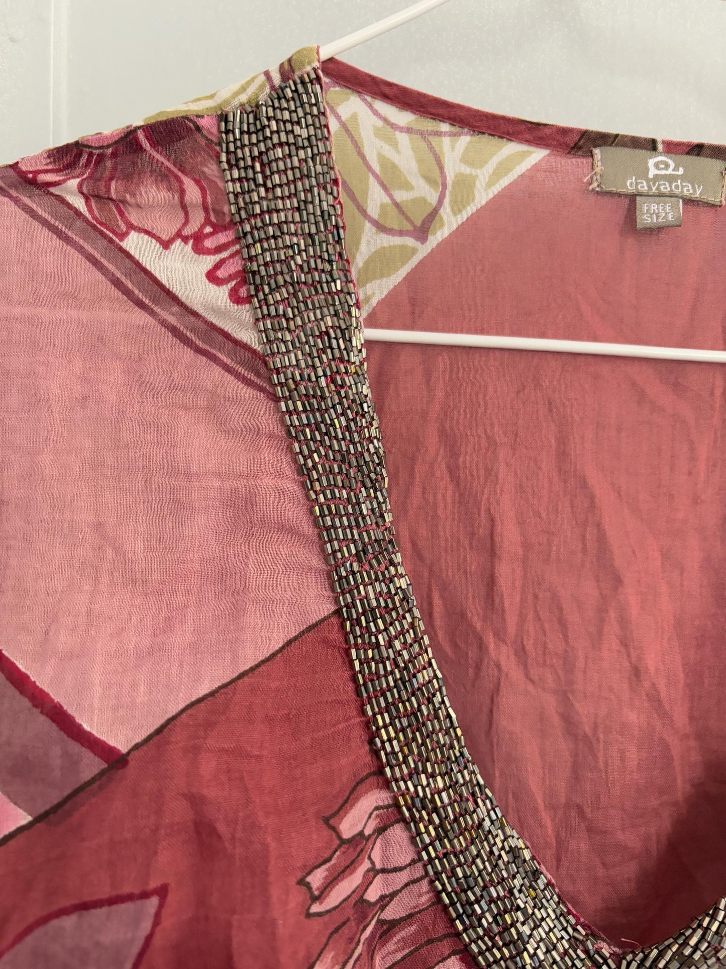 Vintage boho summer dress, Luxury V neck lightly sheer tunic, 100 % Cotton Pareo beach layer, Bead enriched Floral dress