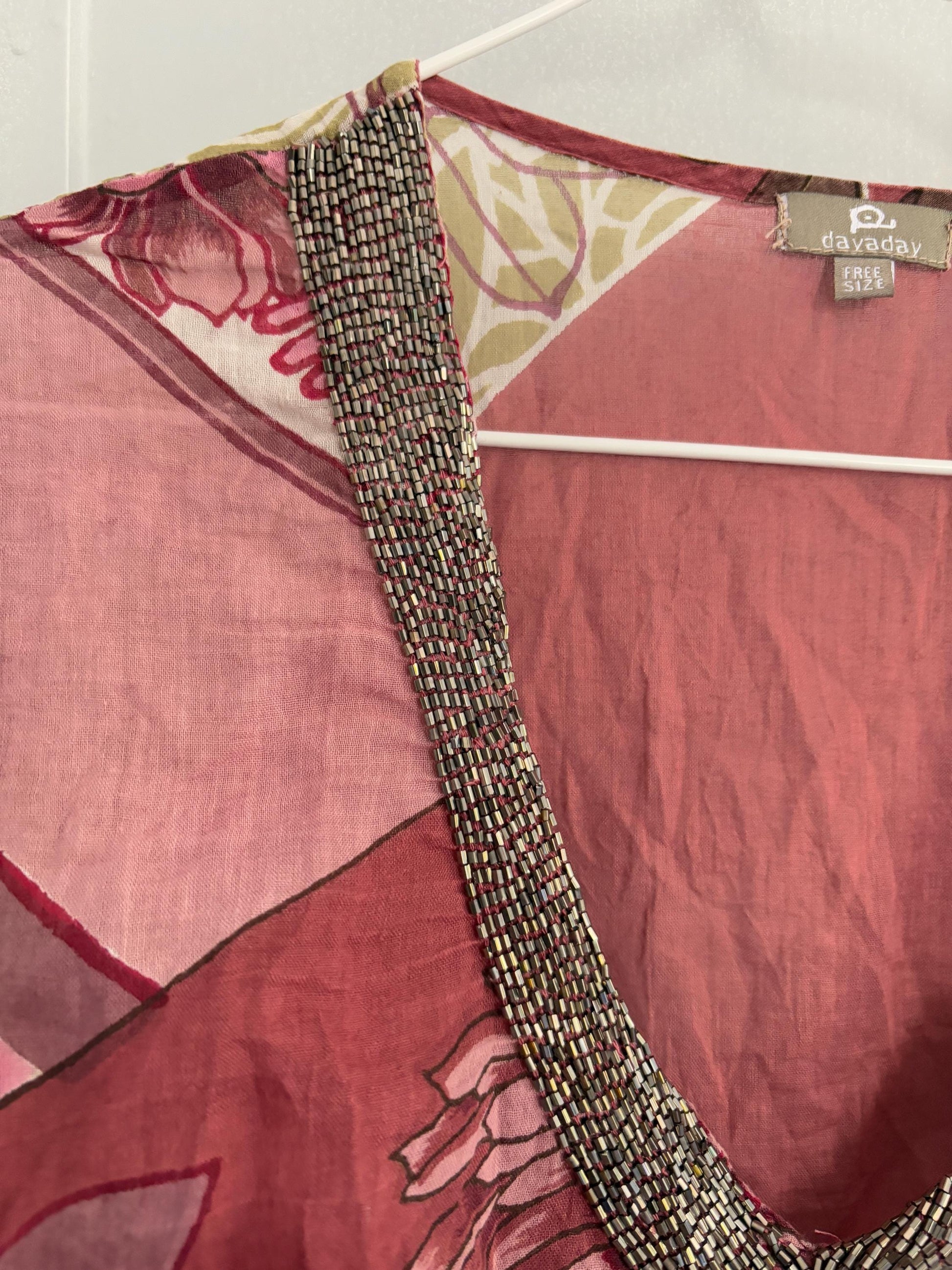 Vintage boho summer dress, Luxury V neck lightly sheer tunic, 100 % Cotton Pareo beach layer, Bead enriched Floral dress