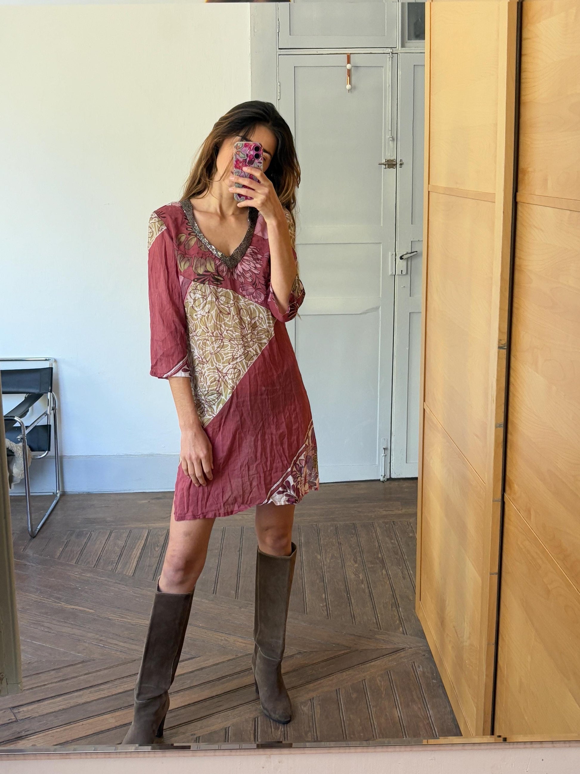 Vintage boho summer dress, Luxury V neck lightly sheer tunic, 100 % Cotton Pareo beach layer, Bead enriched Floral dress