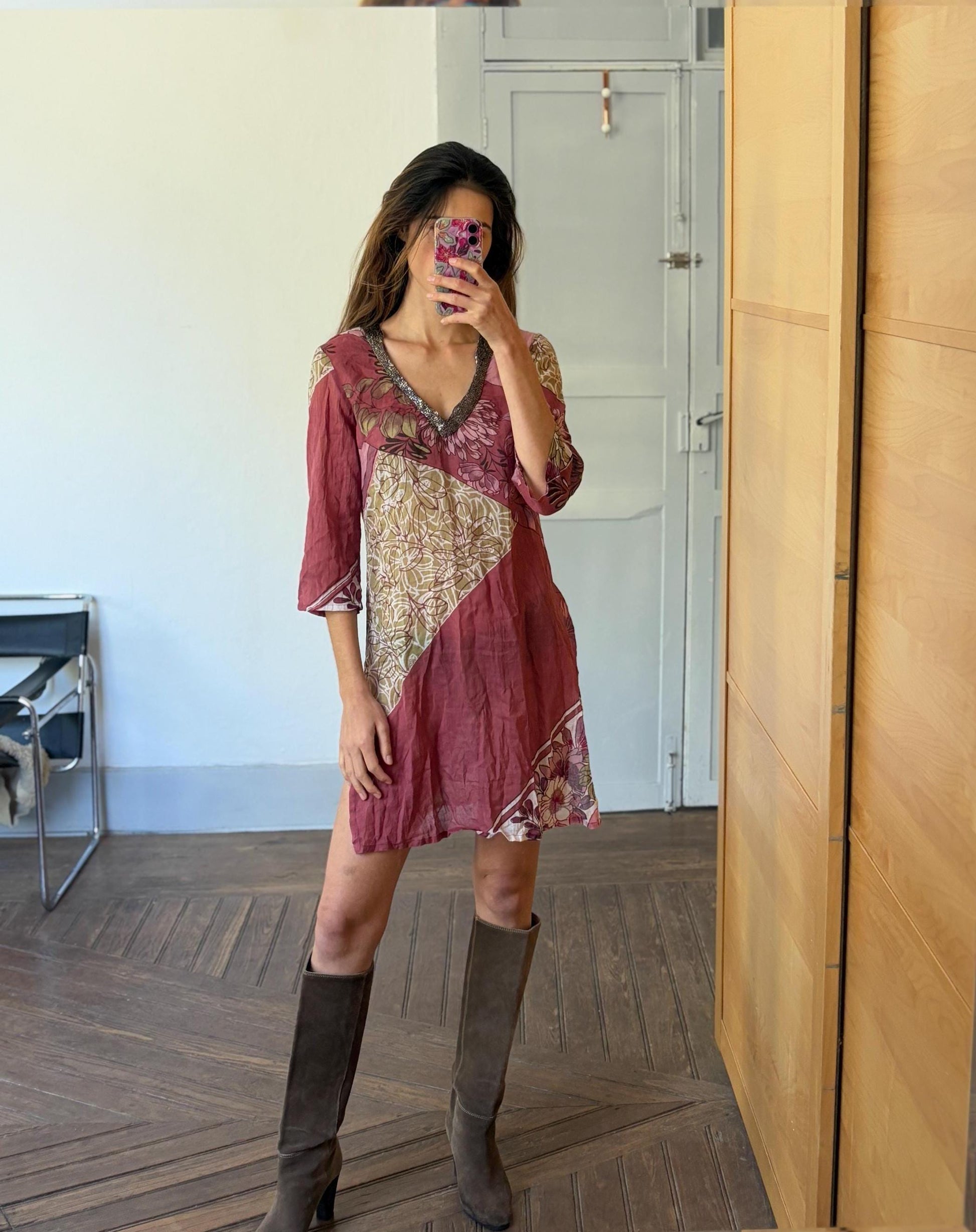 Vintage boho summer dress, Luxury V neck lightly sheer tunic, 100 % Cotton Pareo beach layer, Bead enriched Floral dress