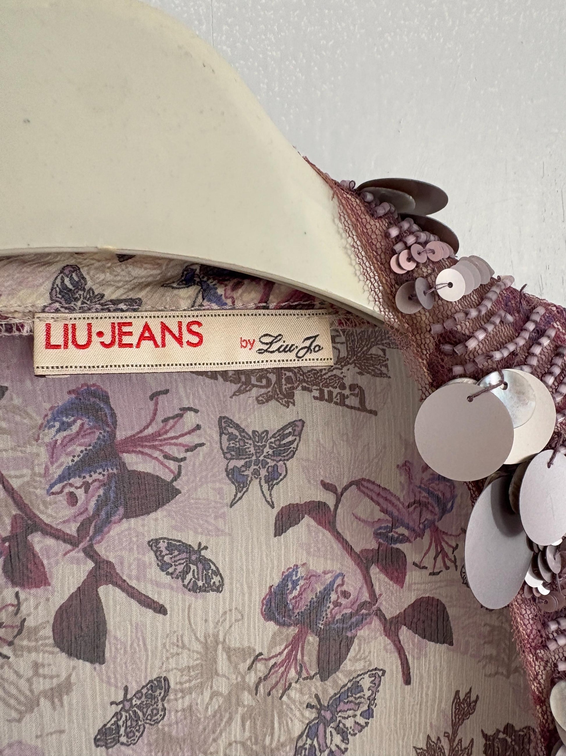 Liu Jo sheer floral dress, cotton feel, relaxed fit, deep V neckline, embellished collar, bohemian summer vibe, US S, beach cover, up