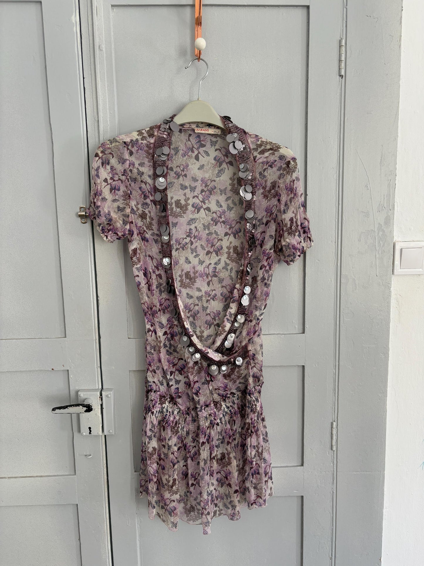 Liu Jo sheer floral dress, cotton feel, relaxed fit, deep V neckline, embellished collar, bohemian summer vibe, US S, beach cover, up