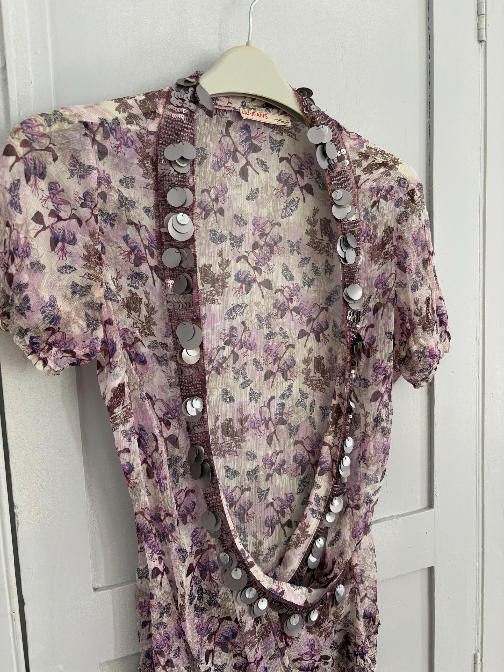 Liu Jo sheer floral dress, cotton feel, relaxed fit, deep V neckline, embellished collar, bohemian summer vibe, US S, beach cover, up