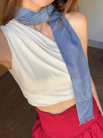 Vintage Blue Silk Cashmere Scarf with Apothecary Symbol