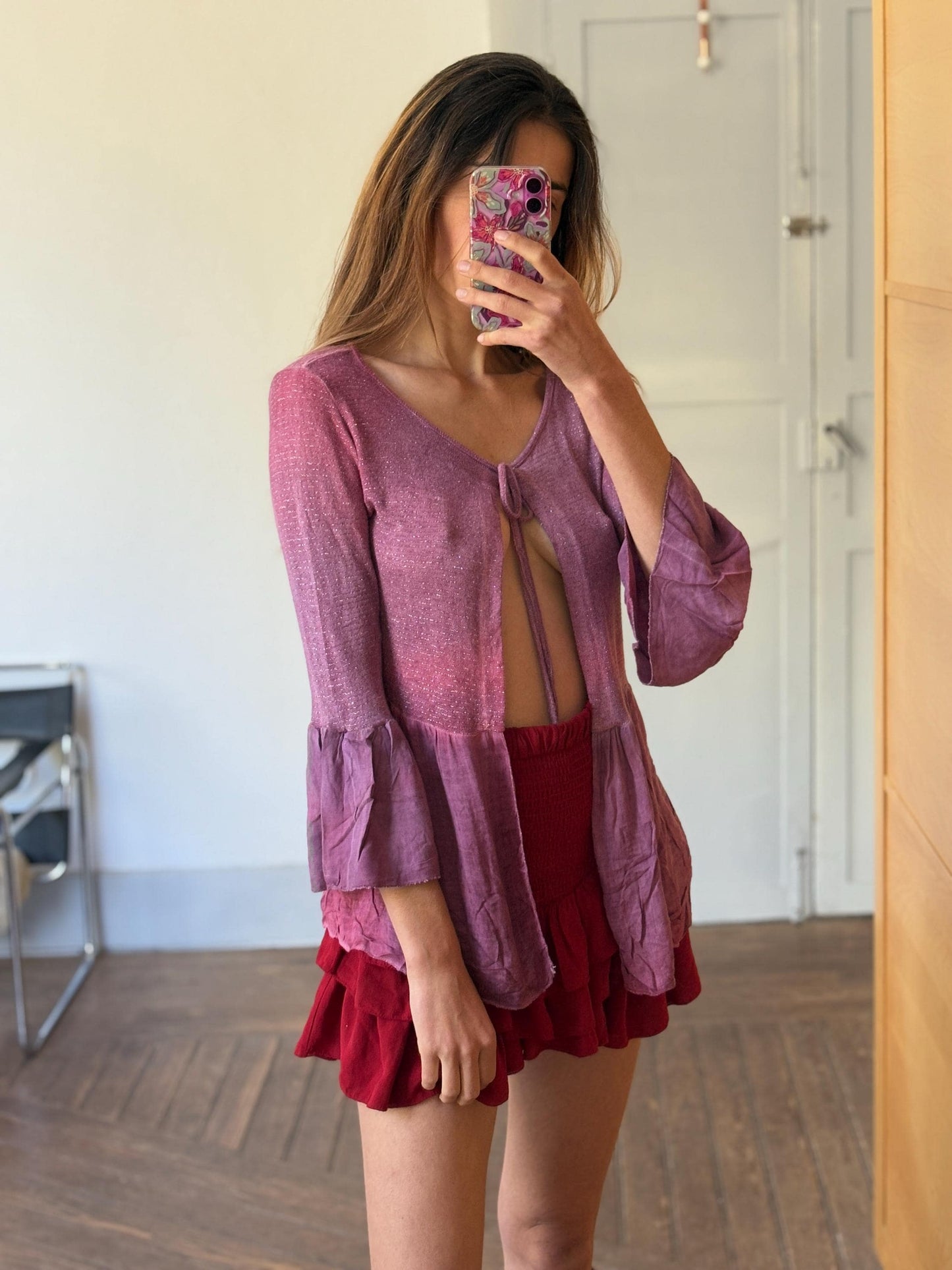 Vintage Glitter Knit Tie Top – Made in Italy – Pink & Purple Tones (Size S)