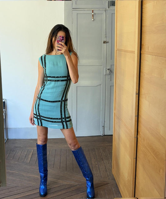 Vintage blue mini dress, Embellished retro 70s dress, Roaring 20s festive mini dress