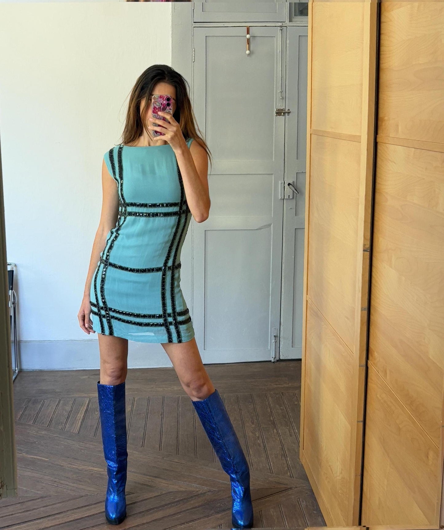 Vintage Light Blue Mini Dress with Black Beaded Embellishment | 60s Space Age Mod | Fits EU36 / US4–6 / UK8