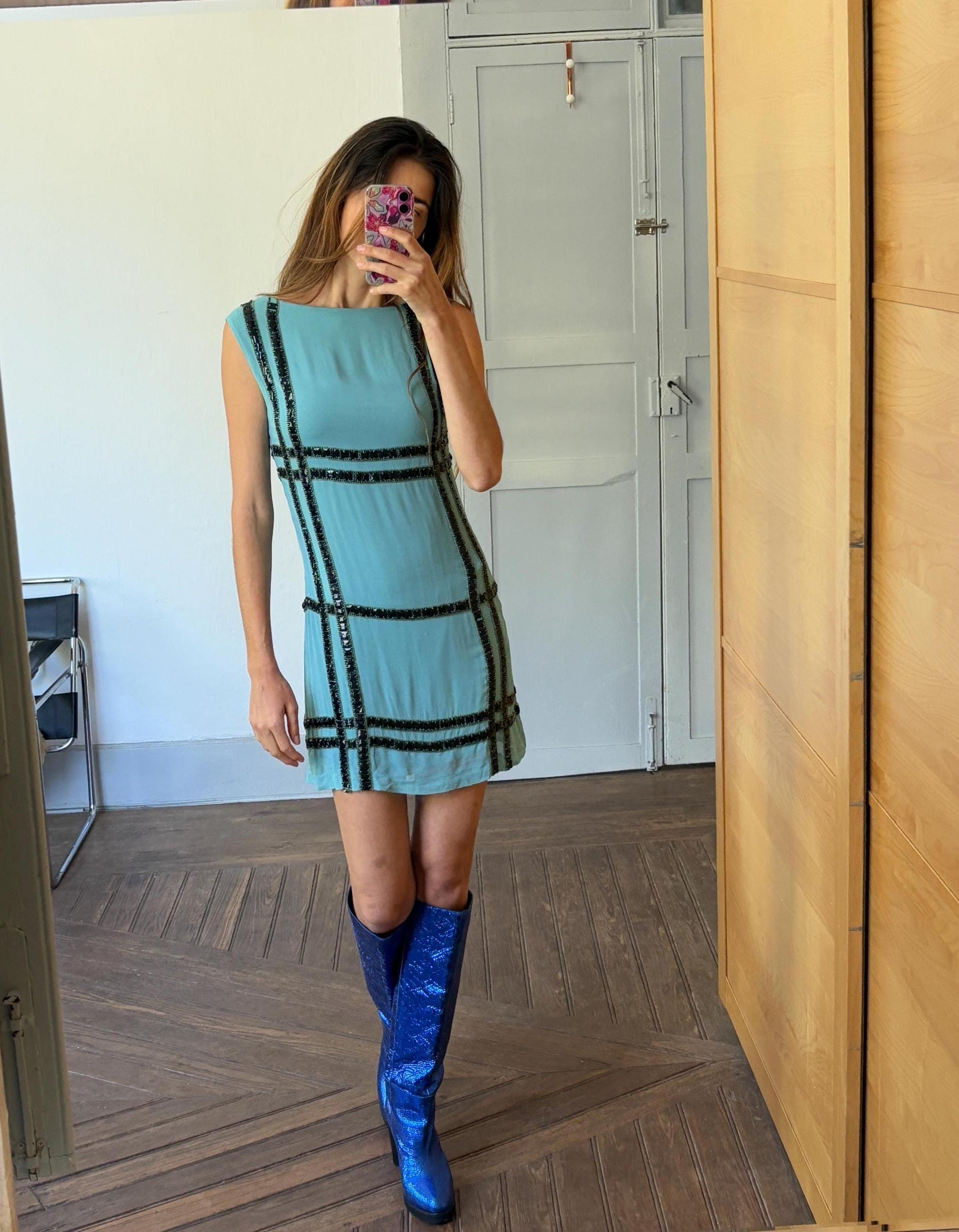 Vintage blue mini dress, Embellished retro 70s dress, Roaring 20s festive mini dress