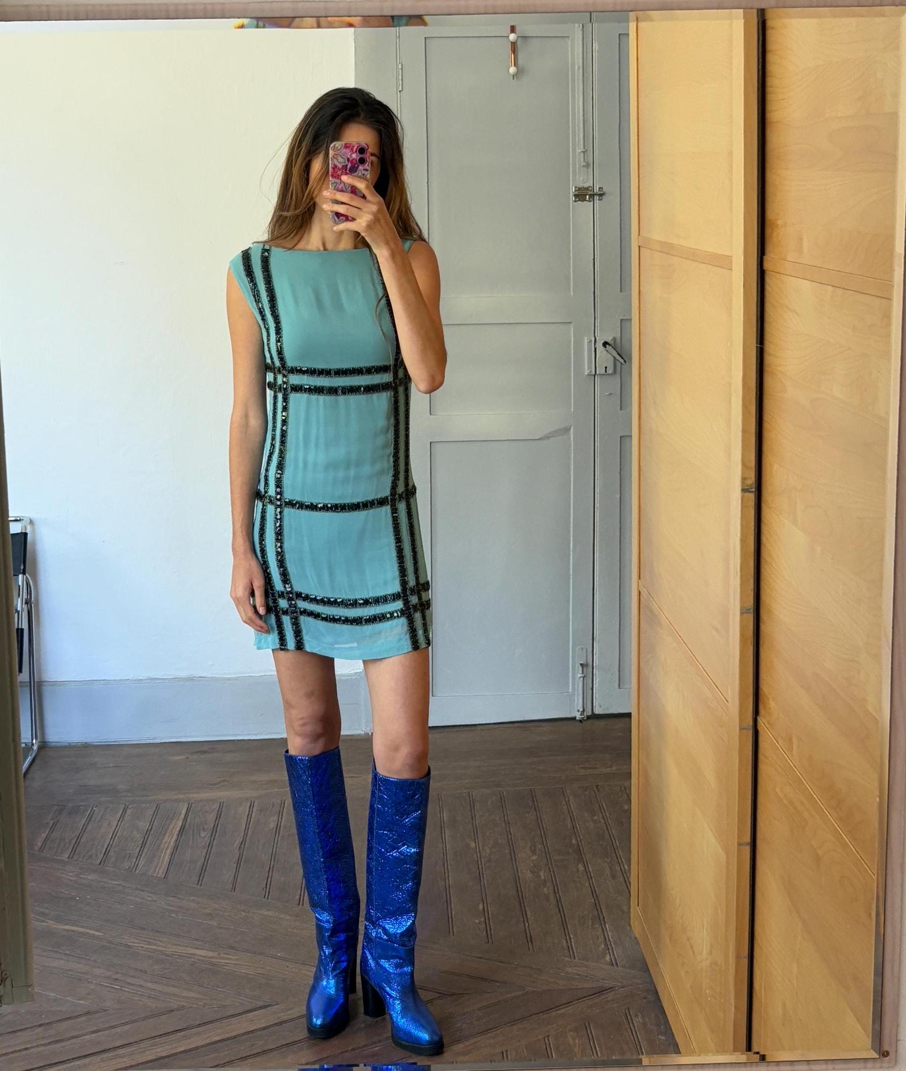 Vintage blue mini dress, Embellished retro 70s dress, Roaring 20s festive mini dress