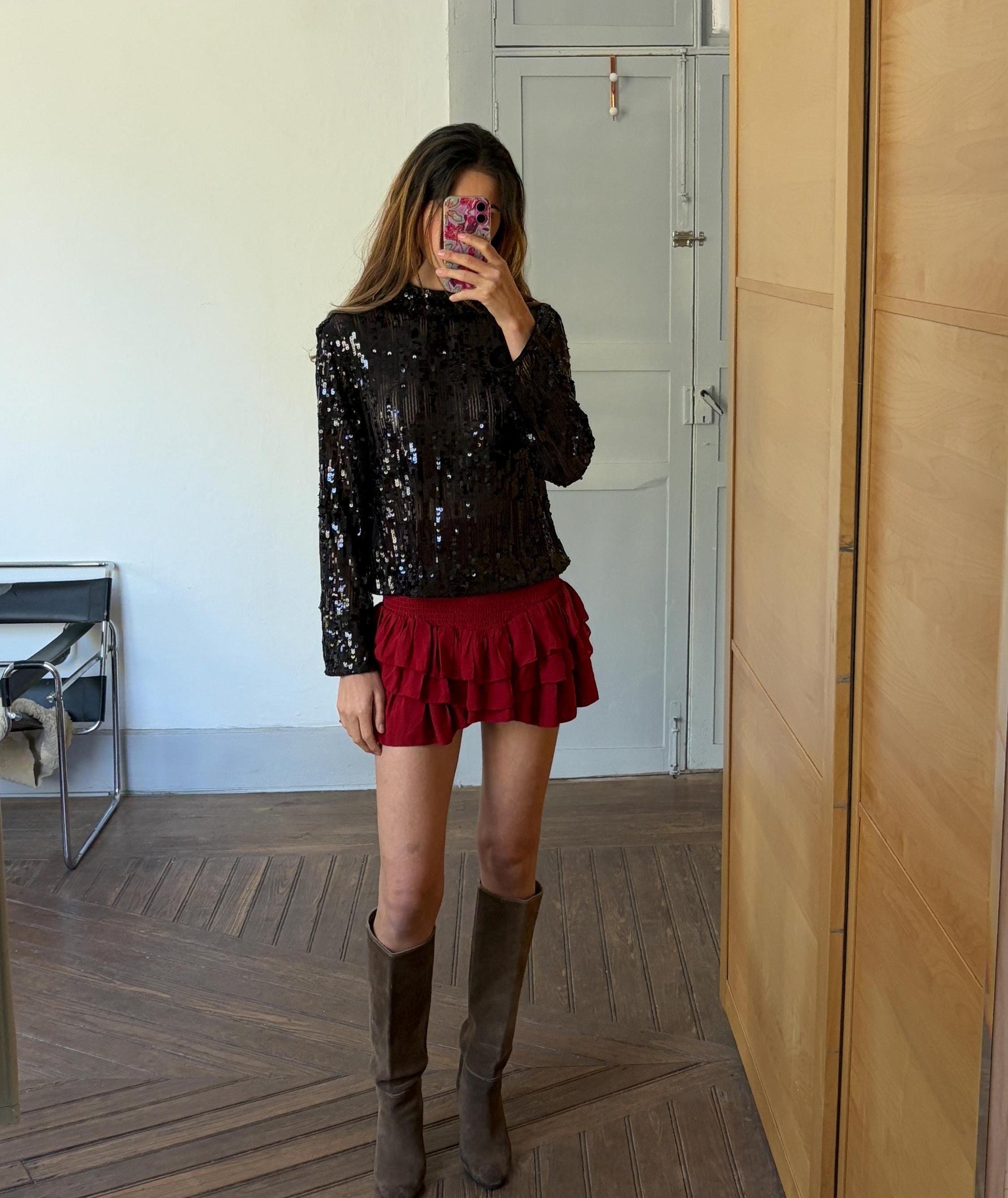 Black Sequin Mock Neck Party Top — back view