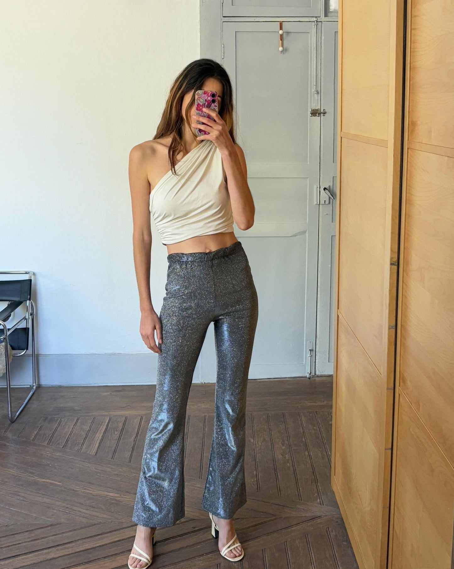 Silver Glitter Flared Pants, Dutch Designer Label, High Waist Sparkly Leggings, New Year’s Eve Outfit, Party wear Bargain