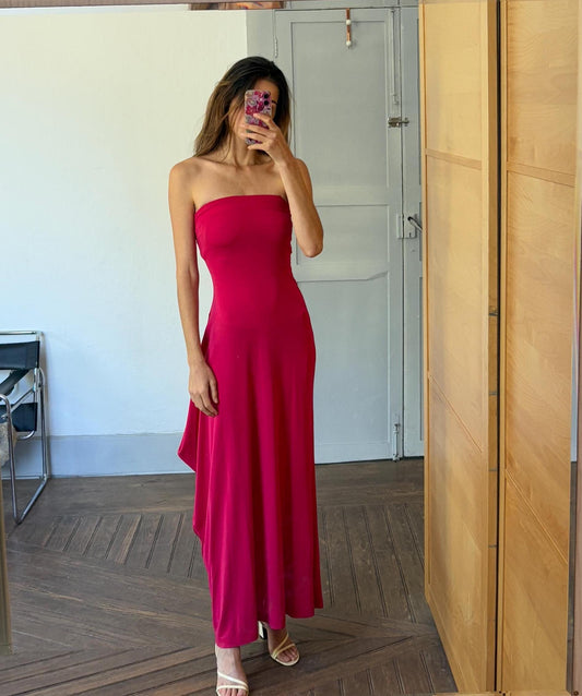 Sexy Vintage dark pink strapless evening dress, Bandeau long pink wedding guest dress, Retro 2000s bubblegum maxi dress, Size XS - S