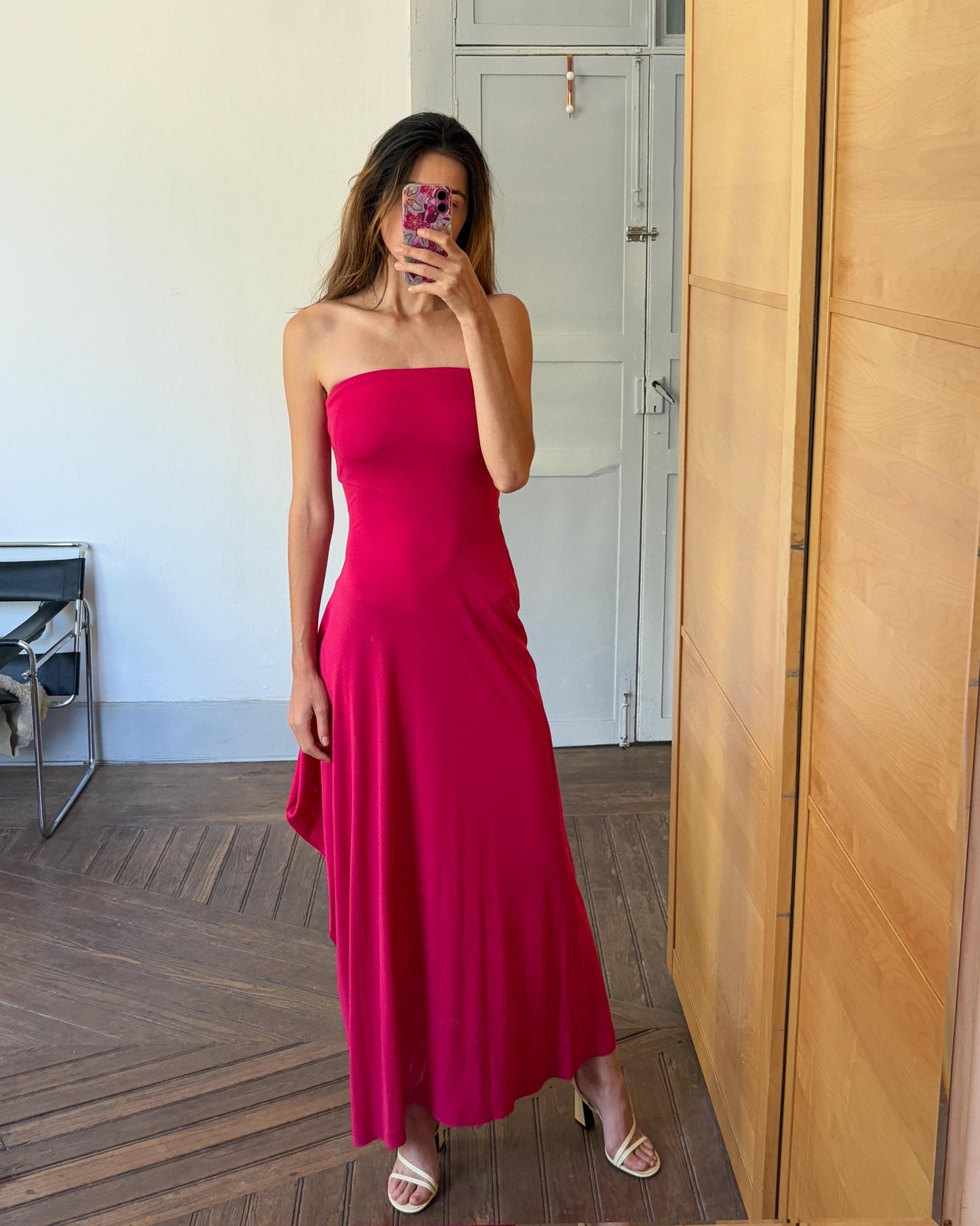 Sexy Vintage dark pink strapless evening dress, Bandeau long pink wedding guest dress, Retro 2000s bubblegum maxi dress, Size XS - S