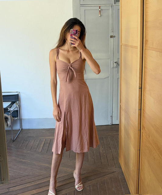 Vintage dusty pink linen summer dress – XS to S fit, sweetheart neckline, midi length with side slit, cottacore midi dress