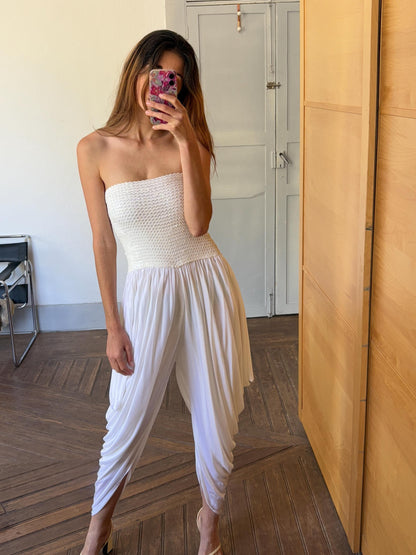 Vintage White Sequin Bandeau Jumpsuit — fabric close-up