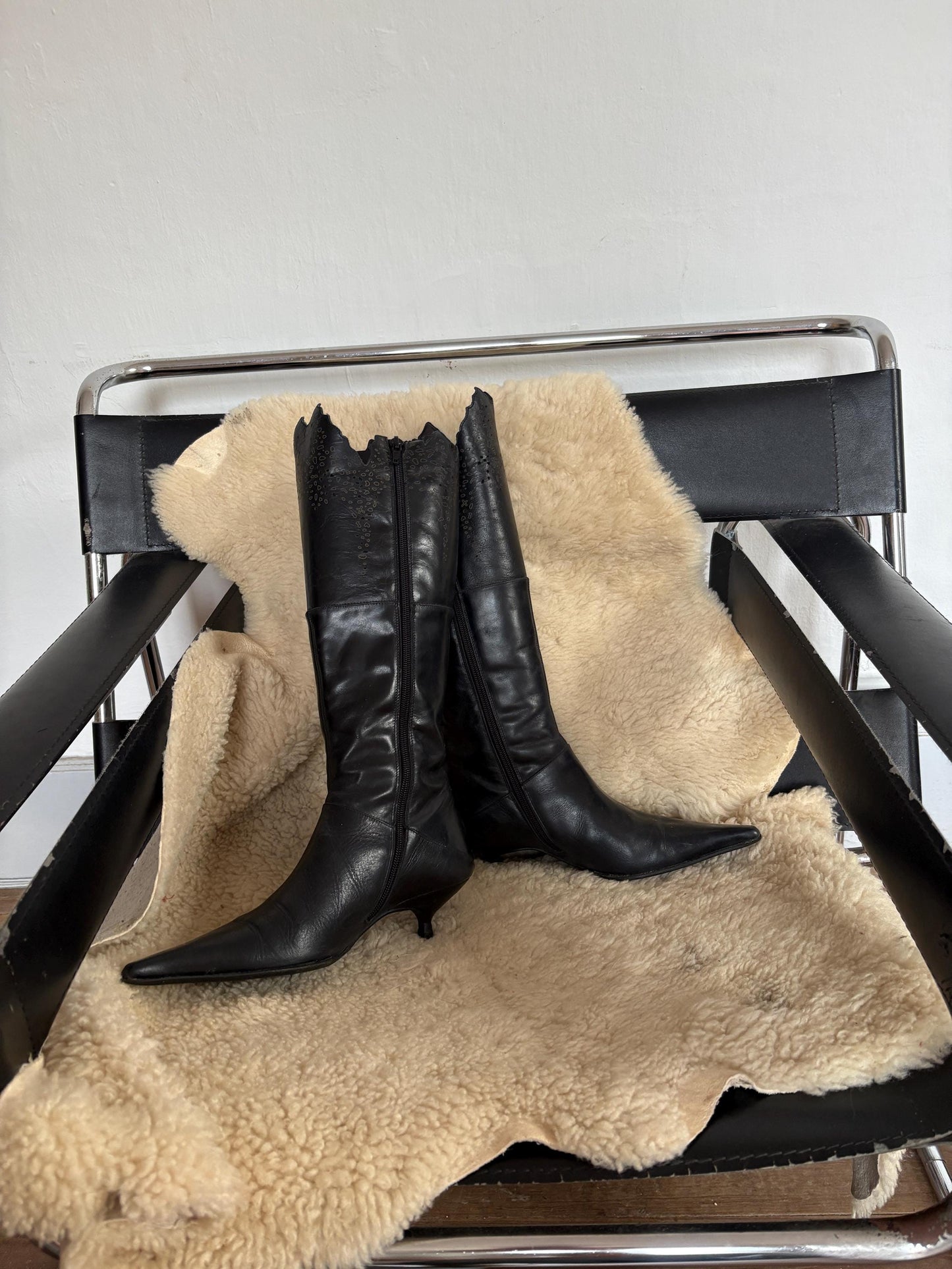 Vintage Black Pointed Toe Knee High Boots, Gothic Western Cutout Detailing, Kitten Heel Boots, Vegan Friendly, 90s Y2K Alternative Fashion