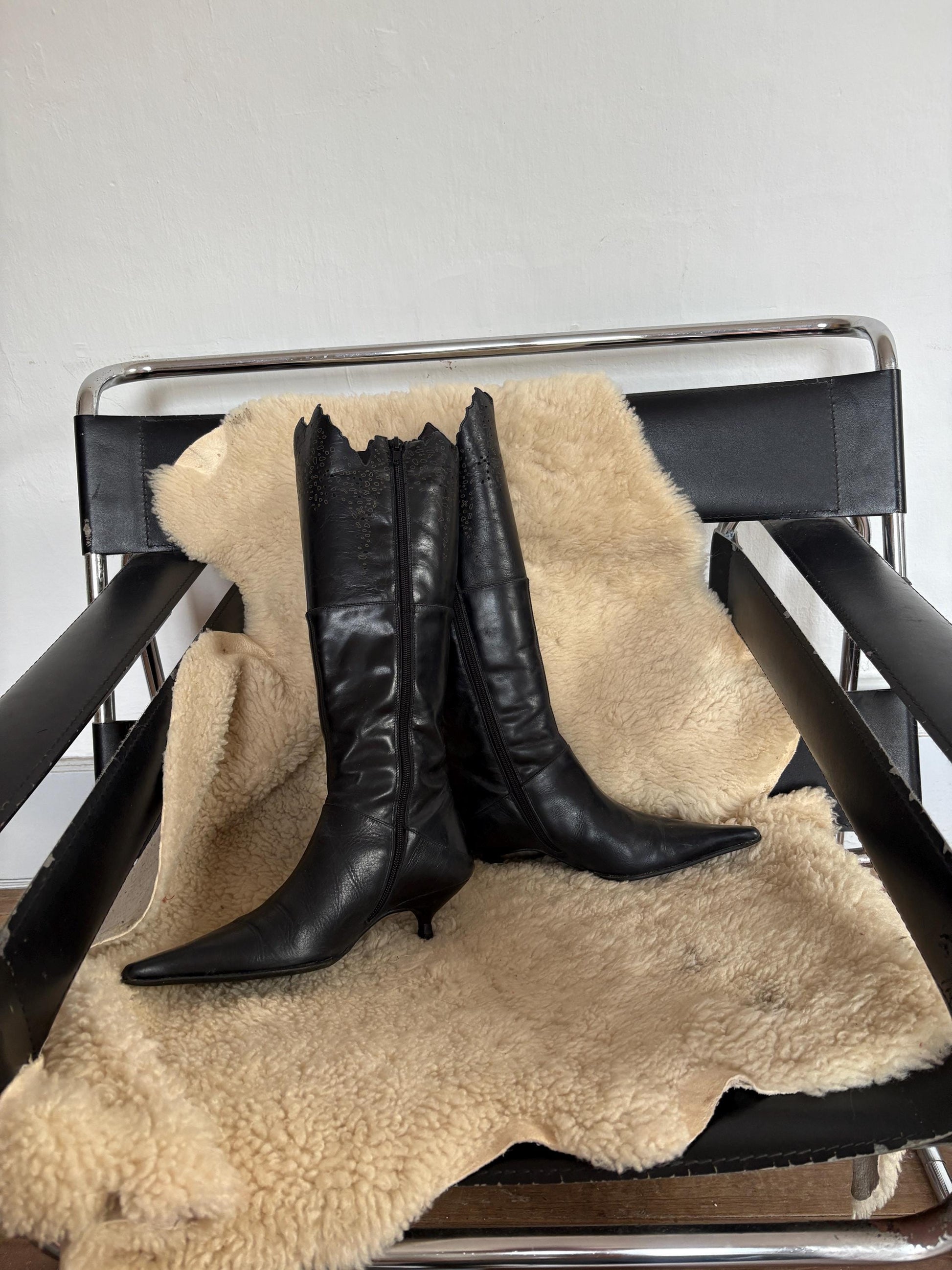 Vintage Black Pointed Toe Knee High Boots, Gothic Western Cutout Detailing, Kitten Heel Boots, Vegan Friendly, 90s Y2K Alternative Fashion