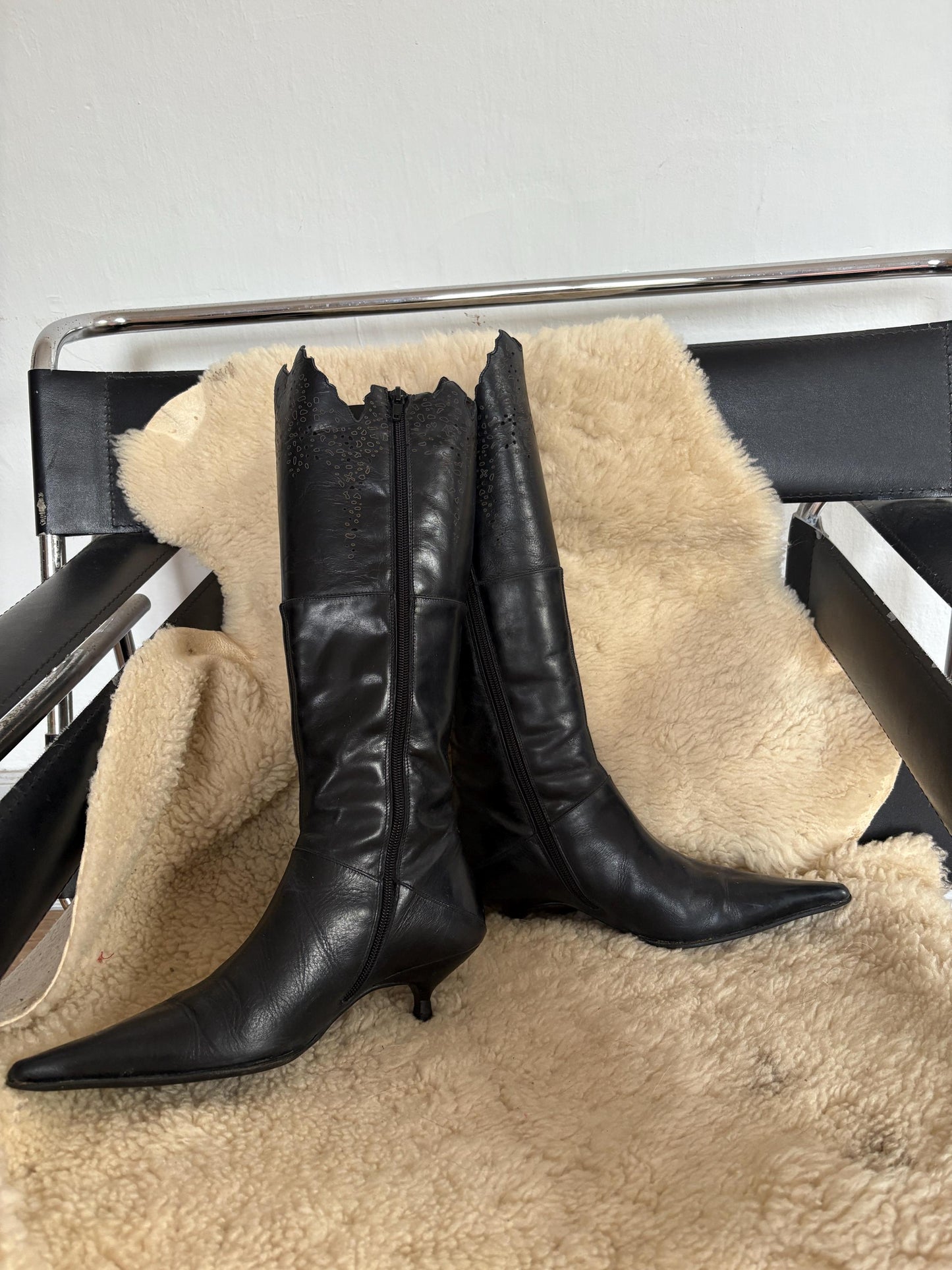 Vintage Black Pointed Toe Knee High Boots, Gothic Western Cutout Detailing, Kitten Heel Boots, Vegan Friendly, 90s Y2K Alternative Fashion