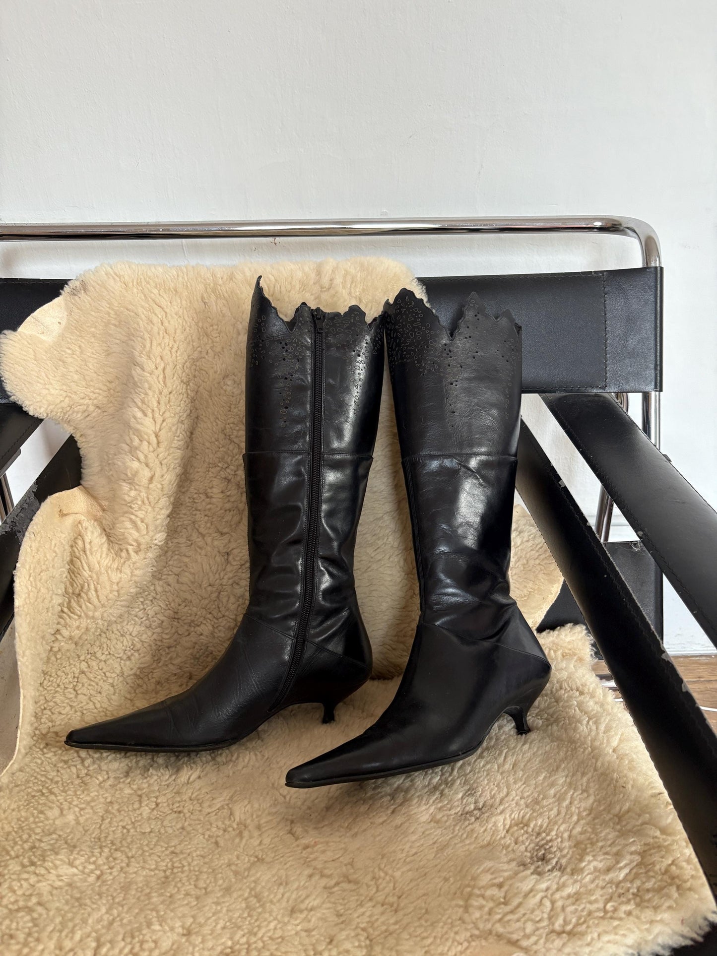 Vintage Black Pointed Toe Knee High Boots, Gothic Western Cutout Detailing, Kitten Heel Boots, Vegan Friendly, 90s Y2K Alternative Fashion