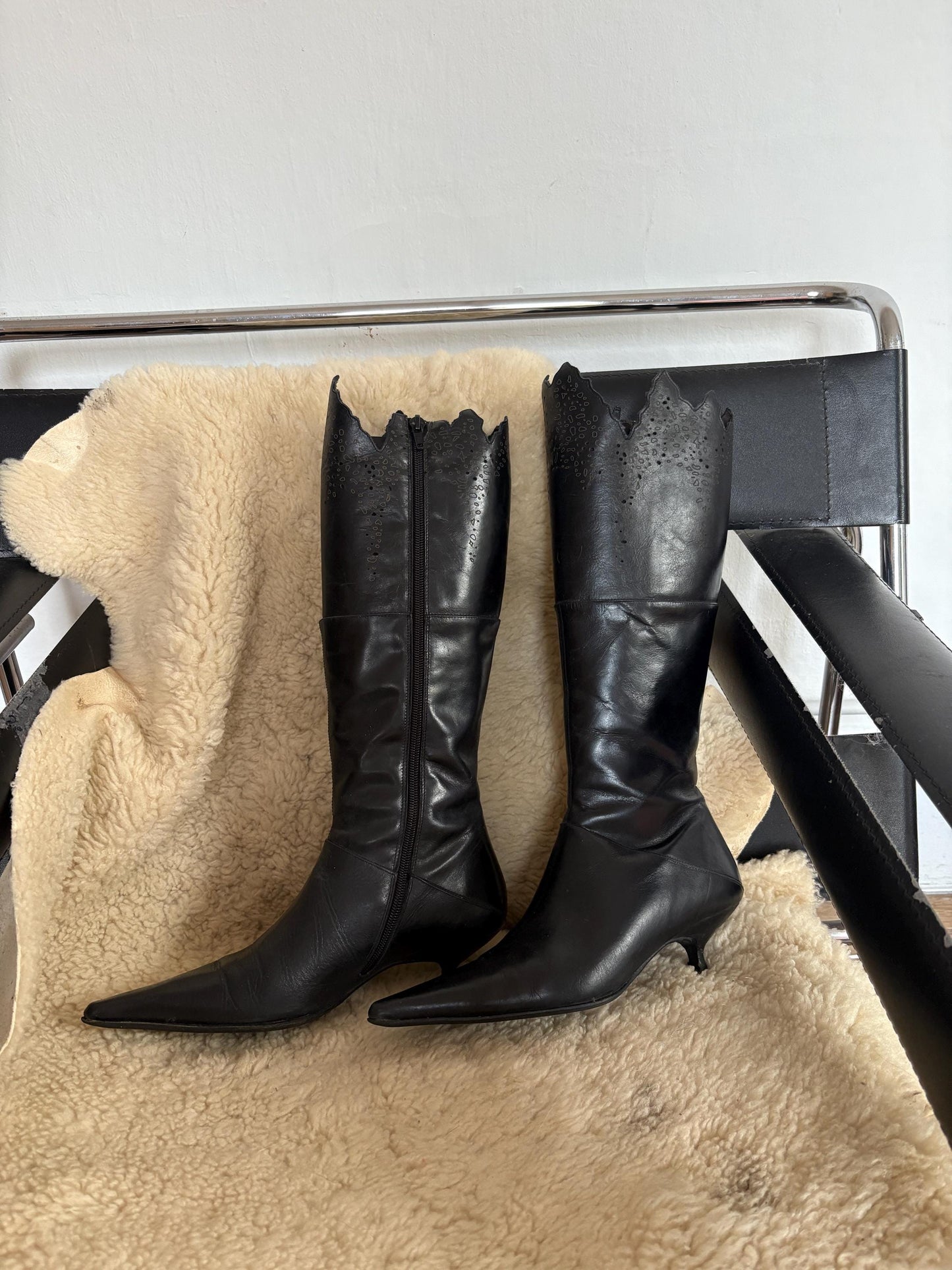 Vintage Black Pointed Toe Knee High Boots, Gothic Western Cutout Detailing, Kitten Heel Boots, Vegan Friendly, 90s Y2K Alternative Fashion