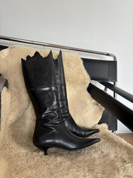 Vintage Black Pointed Toe Knee High Boots, Gothic Western Cutout Detailing, Kitten Heel Boots, Vegan Friendly, 90s Y2K Alternative Fashion