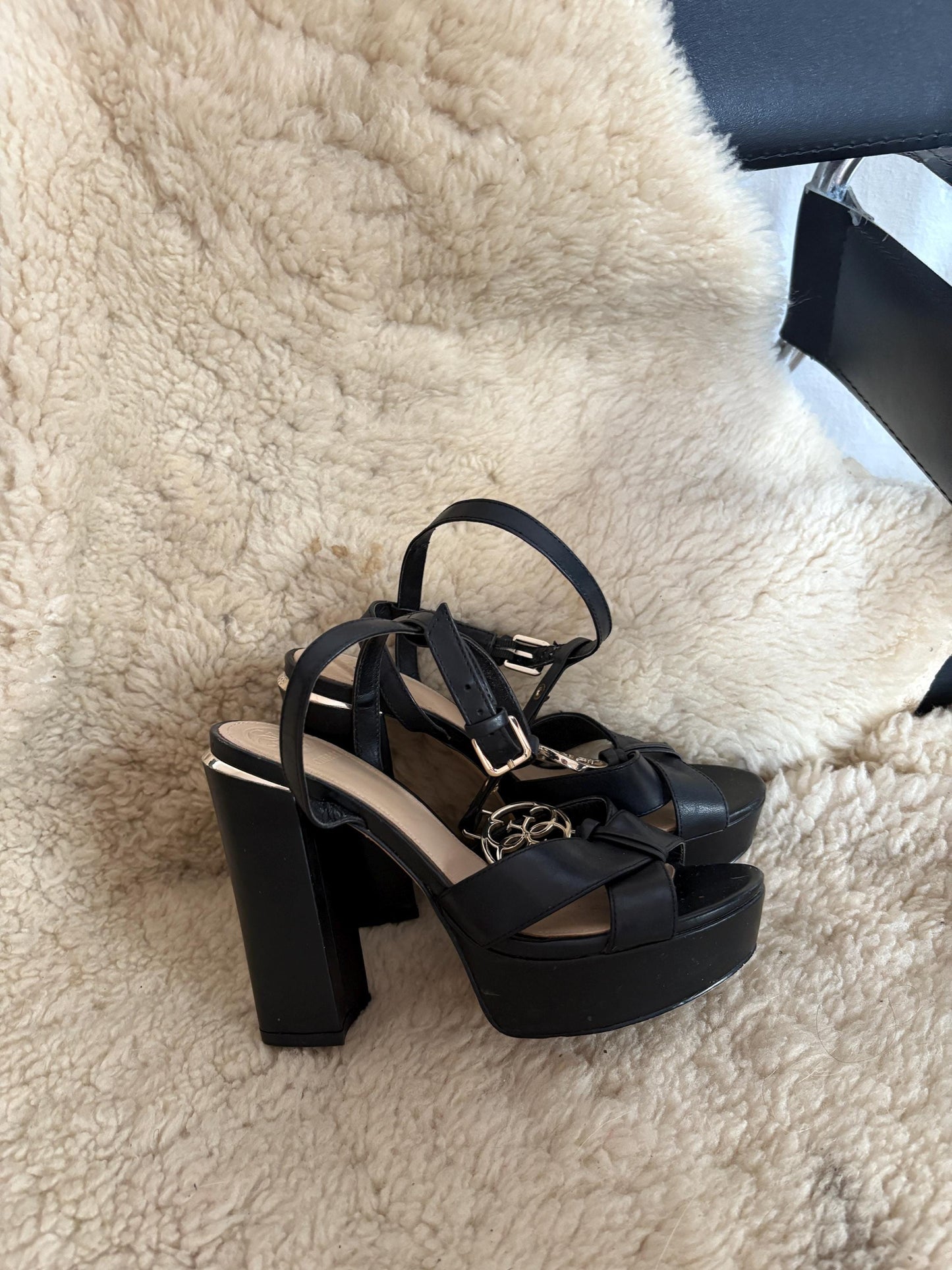 Vintage Guess Black Platform Heels, 2000s Y2K Strappy Sandals, High Block Heels with Logo Charm, Party Evening Shoes, Size EU 37